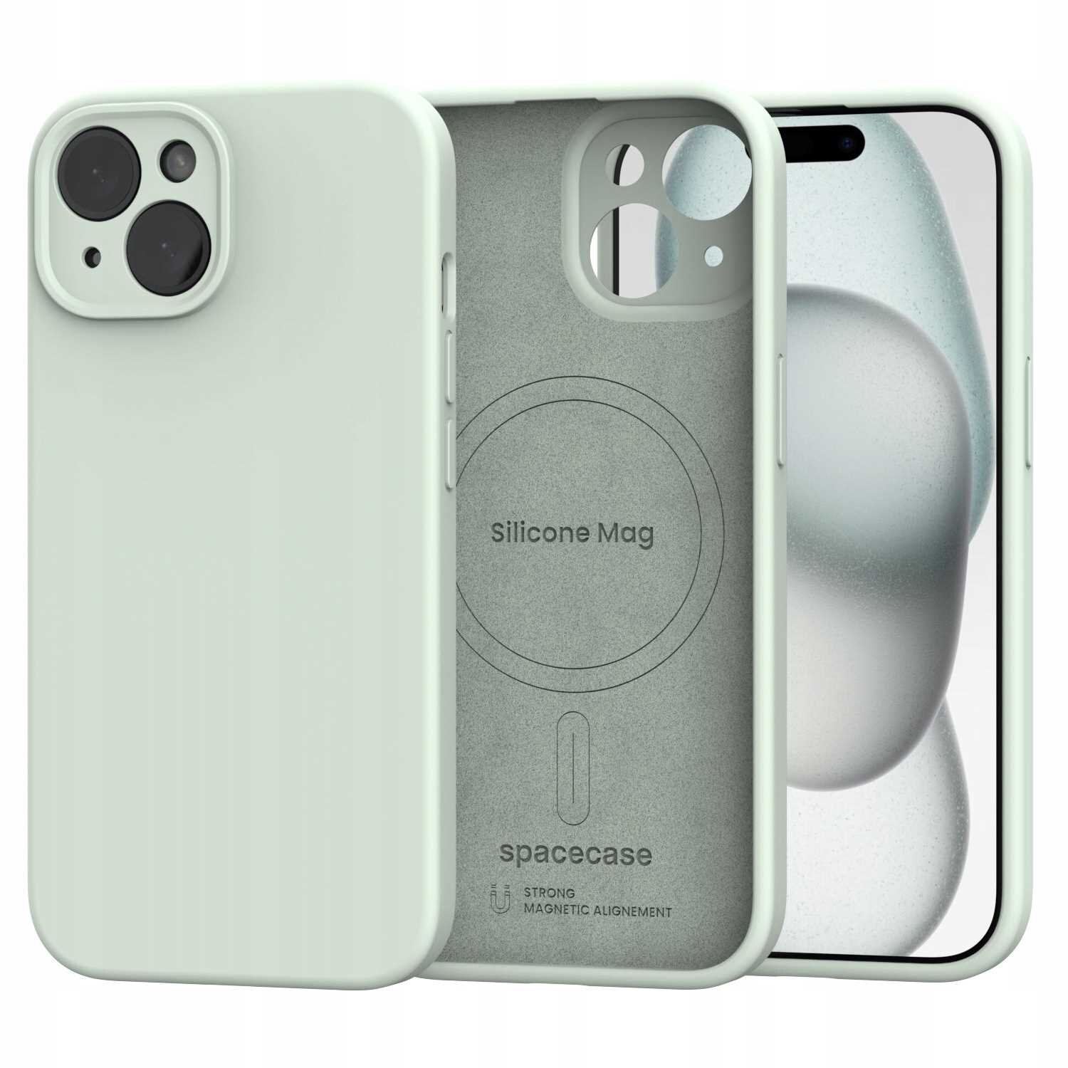 Obraz przedstawia zielone silikonowe etui magnetyczne z MagSafe do iPhone 15. Na wewnętrznej stronie etui widoczny jest napis \'Silicone Mag\' oraz logo \'spacecase\' z tekstem \'STRONG MAGNETIC ALIGNMENT\'.