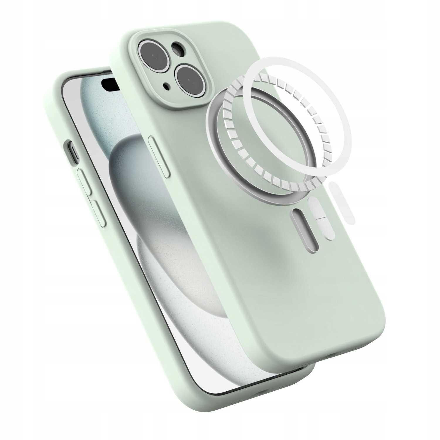 Zielone silikonowe etui magnetyczne z widocznym pierścieniem MagSafe, przeznaczone do iPhone 15. Etui ma wycięcia na aparat i przyciski boczne.