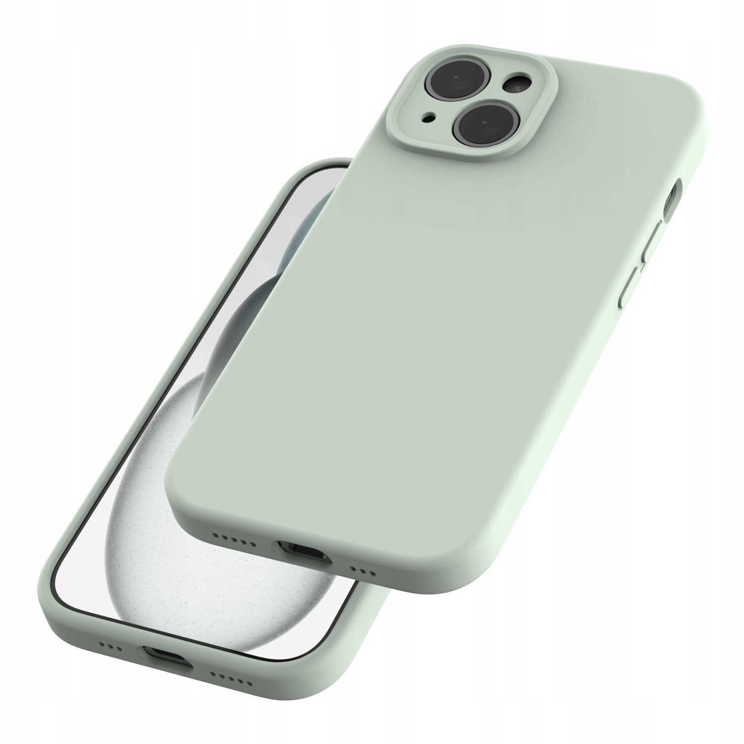 Zielone silikonowe etui na telefon z widocznymi otworami na aparat i porty. Etui jest pokazane na dwóch telefonach, z przodu i z tyłu.