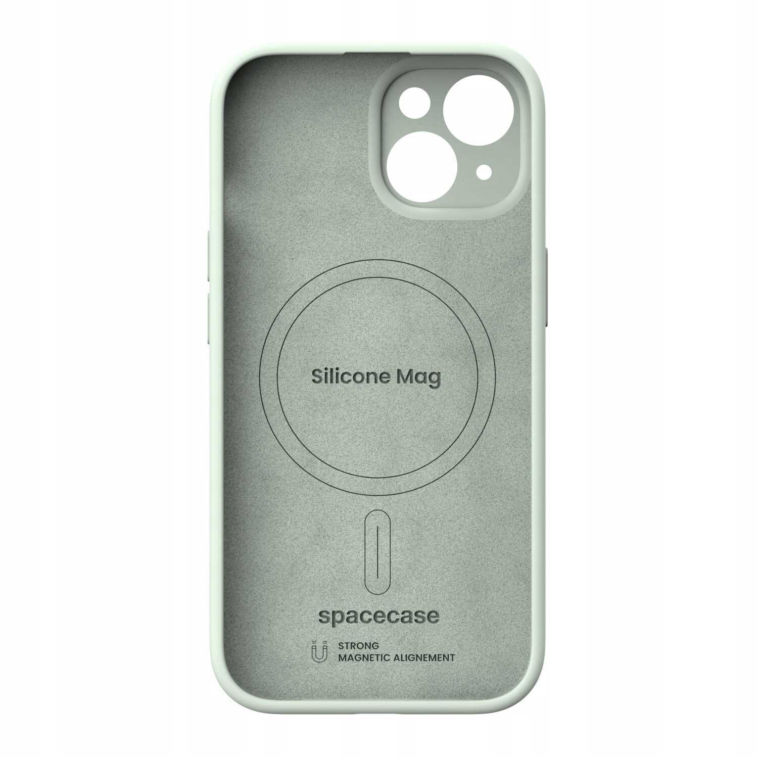 Zielone silikonowe etui z okrągłym wzorem i otworami na aparat. Widoczny tekst: \'Silicone Mag\', \'spacecase\', \'STRONG MAGNETIC ALIGNEMENT\'.