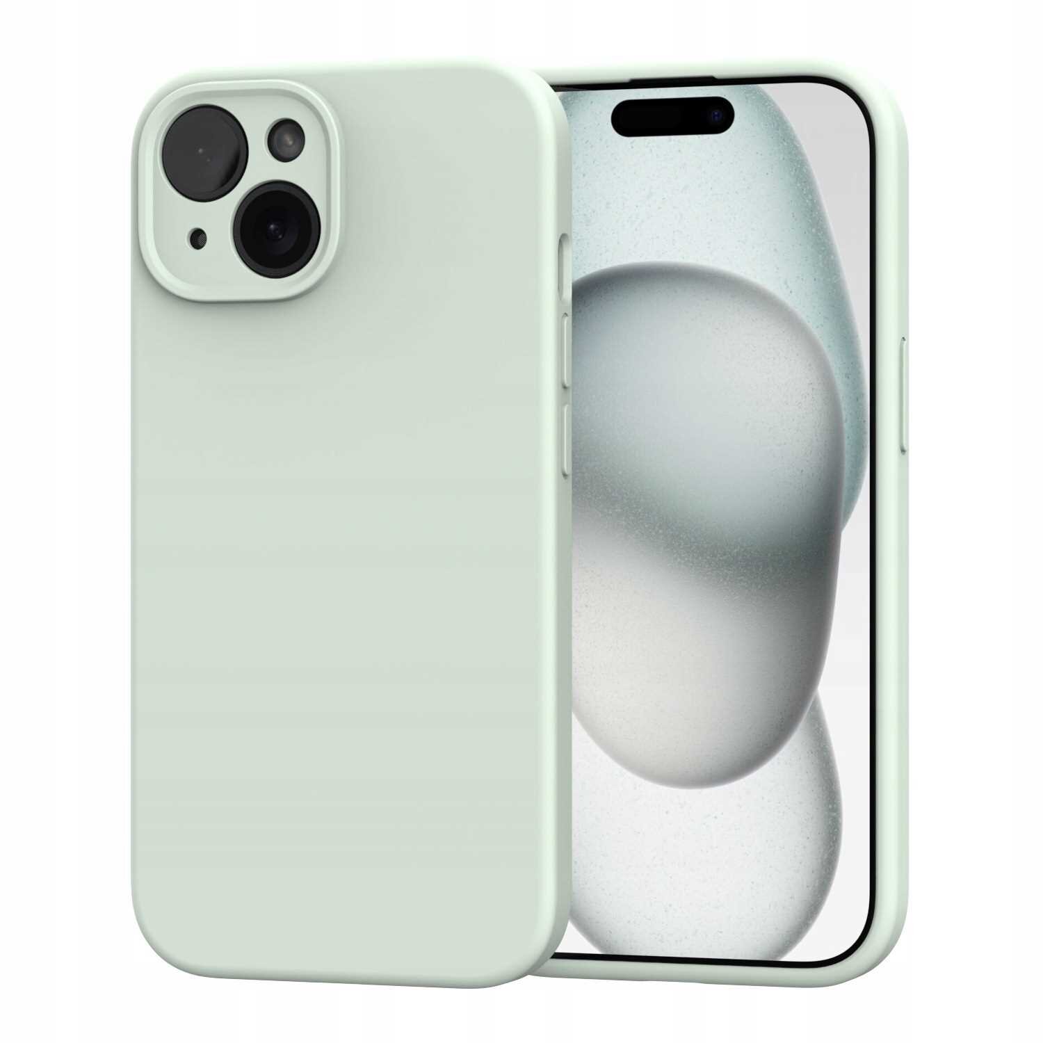 Silikonowe etui magnetyczne w kolorze zielonym, przeznaczone do iPhone 15, z widocznymi wycięciami na aparat i przyciski. Telefon w etui wyświetla abstrakcyjny wzór na ekranie.