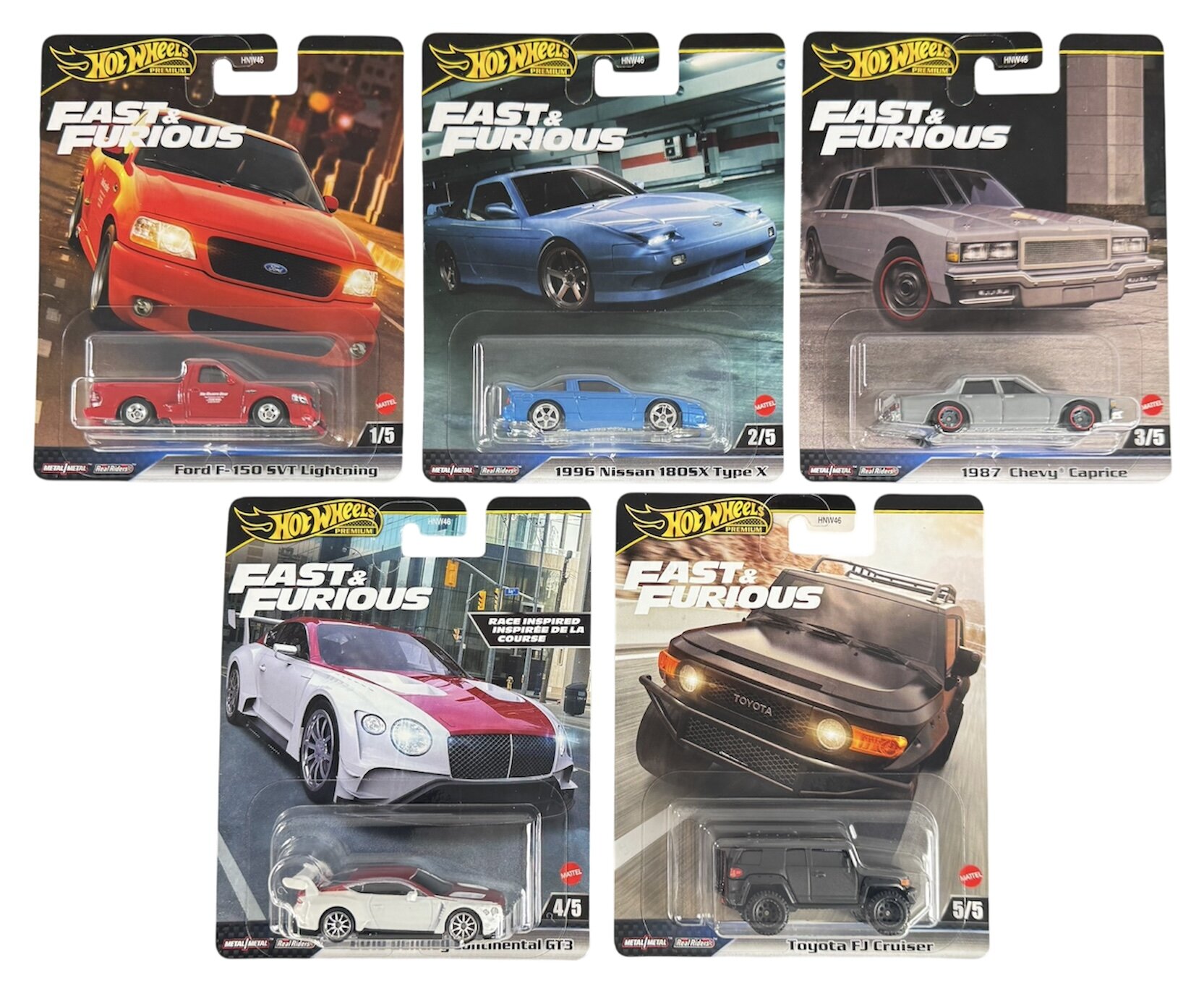 Zestaw pięciu metalowych modeli samochodów Hot Wheels Premium z serii Fast & Furious, w tym Ford F-150 SVT Lightning, 1996 Nissan 180SX Type X, 1987 Chevy Caprice, Bentley Continental GT3 i Toyota FJ Cruiser. Każdy model jest zapakowany w osobne opakowanie z grafiką przedstawiającą samochód oraz logo Hot Wheels i Fast & Furious.