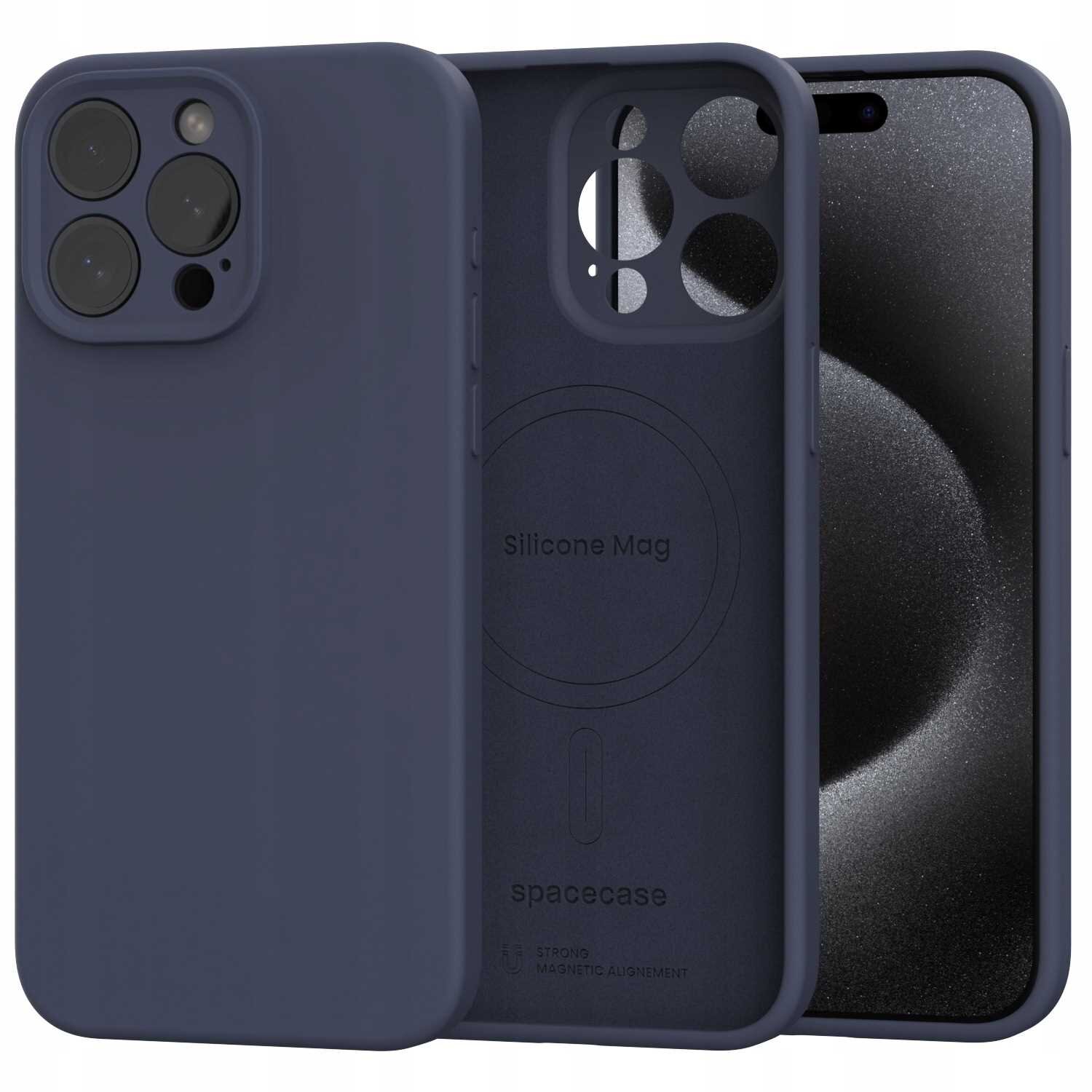 Silikonowe etui magnetyczne w kolorze niebieskim z widocznymi wycięciami na aparat i logo \'Silicone Mag\' oraz \'spacecase\'.