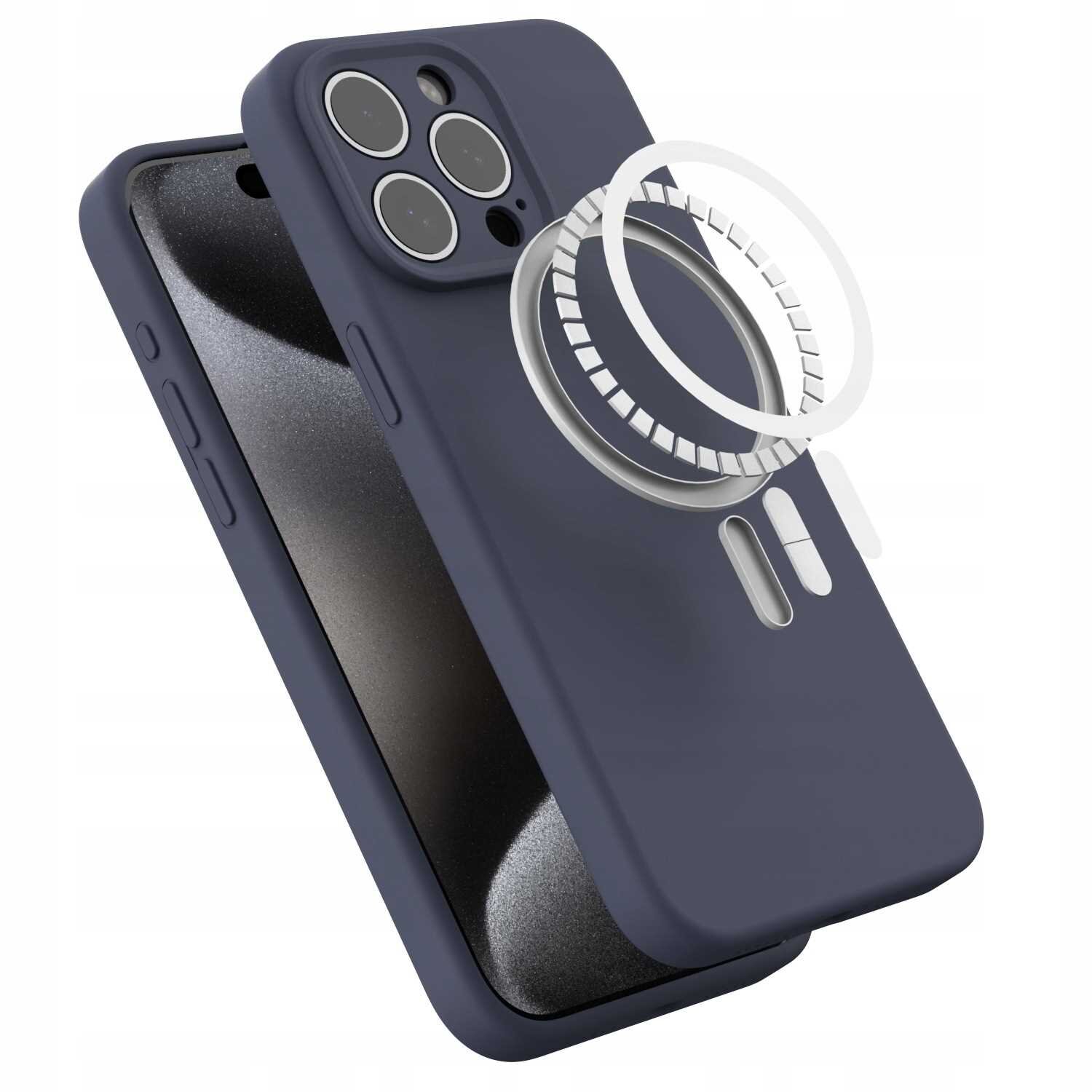 Niebieskie silikonowe etui z funkcją MagSafe, przeznaczone do iPhone 15 Pro Max, z widocznymi wycięciami na aparat i przyciski. Obok etui znajduje się ilustracja przedstawiająca magnetyczny pierścień MagSafe.
