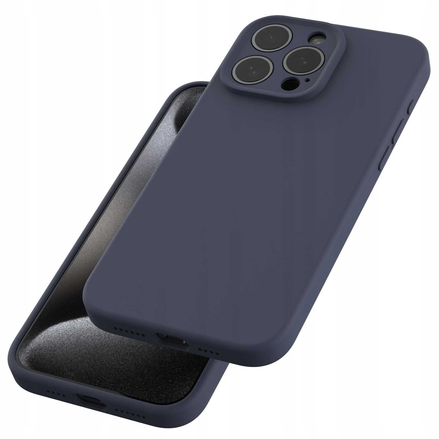 Na obrazie widoczne jest niebieskie silikonowe etui na telefon z trzema otworami na aparaty. Etui ma gładką powierzchnię i jest przeznaczone do iPhone 15 Pro Max.