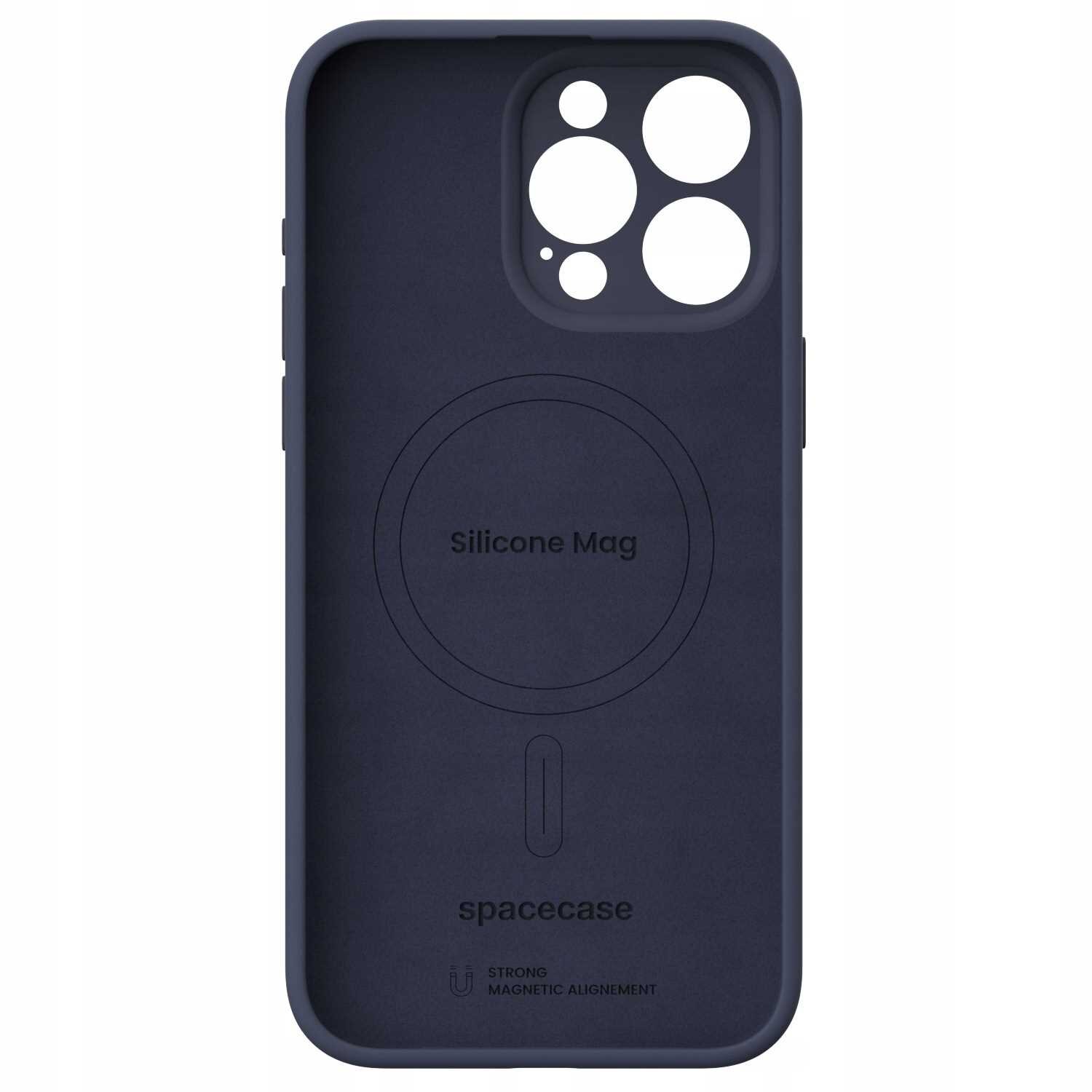 Niebieskie silikonowe etui z wycięciami na aparat i napisem \'Silicone Mag\' oraz \'spacecase\'. Widoczny jest symbol magnetyczny i napis \'STRONG MAGNETIC ALIGNMENT\'.