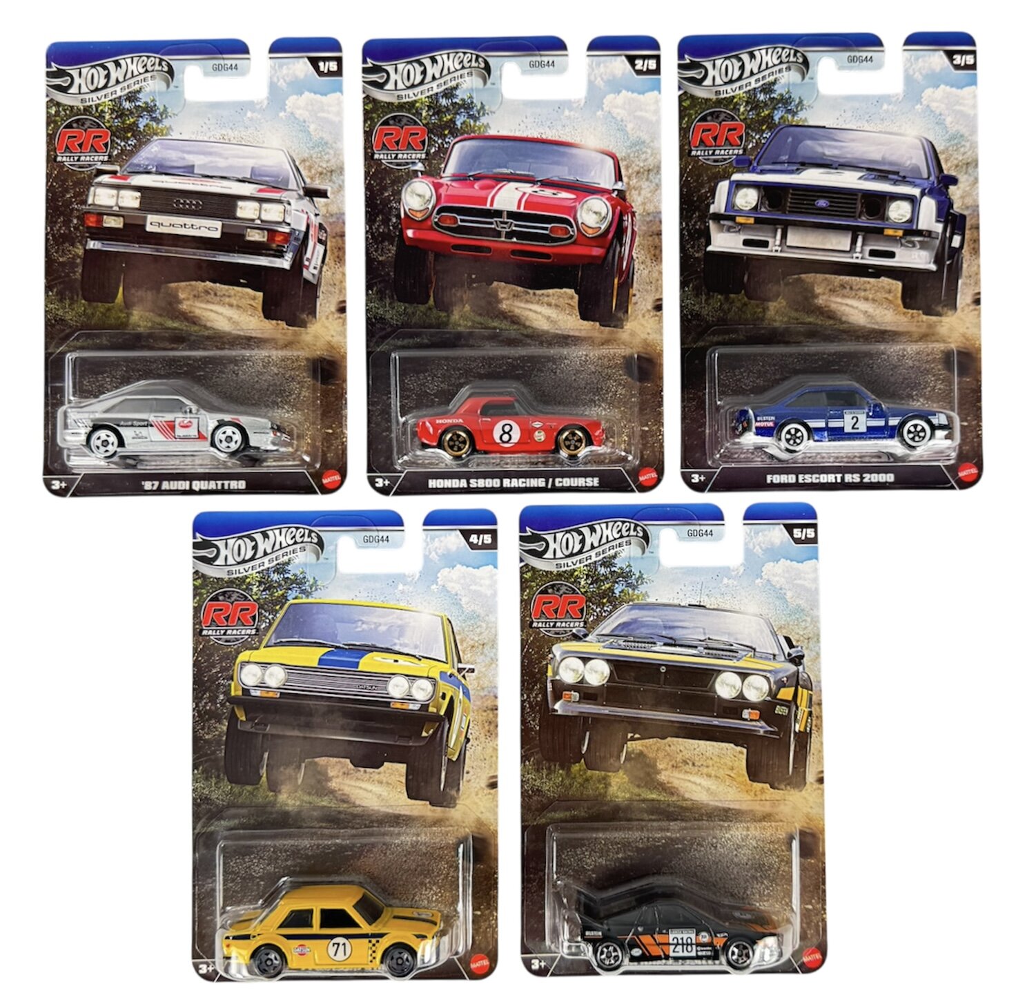Zestaw pięciu modeli samochodów Hot Wheels Silver Series Rally Racers w opakowaniach z grafiką rajdową. Modele to: \'87 Audi Quattro, Honda S800 Racing / Course, Ford Escort RS 2000, oraz dwa inne samochody z numerami 71 i 210.