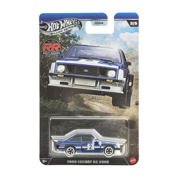 Opakowanie z modelem samochodu Hot Wheels Silver Series, przedstawiające niebiesko-biały samochód rajdowy Ford Escort RS 2000. Na opakowaniu widoczne są napisy: \'Hot Wheels Silver Series\', \'Rally Racers\', \'GDG44\', \'3/5\' oraz \'Ford Escort RS 2000\'.