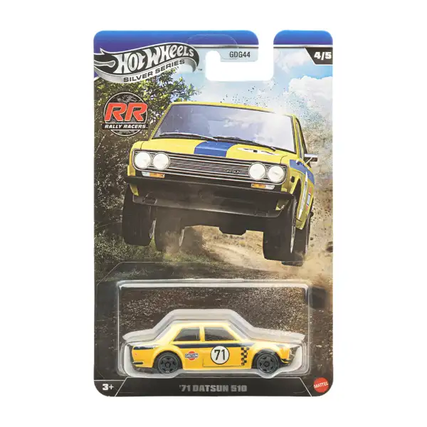 Opakowanie z modelem samochodu Hot Wheels z serii Silver Series, przedstawiające żółty samochód z numerem 71. Na opakowaniu widnieje napis \'71 Datsun 510\' oraz logo \'RR Rally Racers\'.