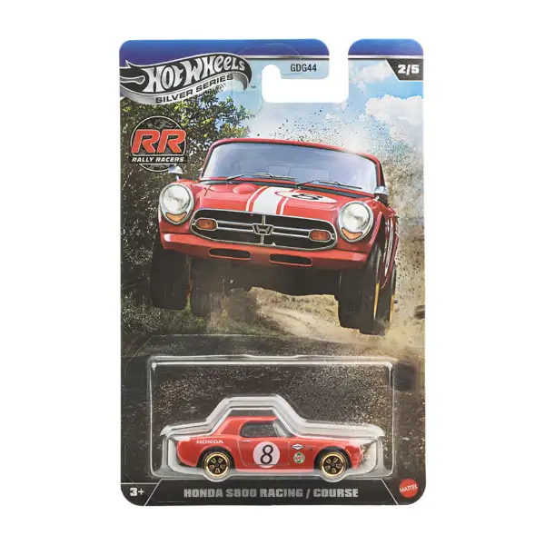 Opakowanie z modelem samochodu Hot Wheels, przedstawiające czerwony samochód wyścigowy z numerem 8. Na opakowaniu widnieje napis \'Honda S800 Racing / Course\' oraz logo \'Hot Wheels Silver Series\'.