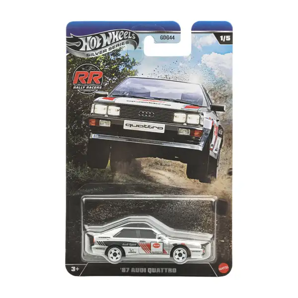 Opakowanie z modelem samochodu \'87 Audi Quattro z serii Hot Wheels Silver Series. Na opakowaniu widoczny jest napis \'quattro\' oraz logo \'RR Rally Racers\'.