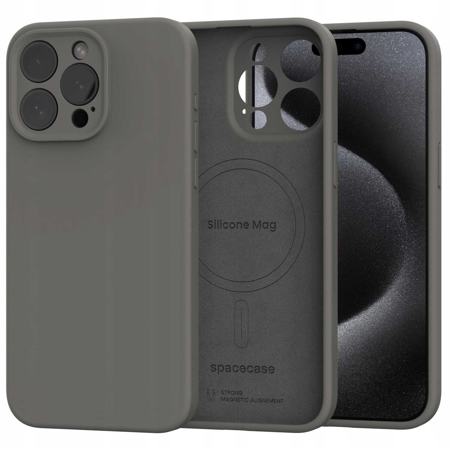 Silikonowe etui magnetyczne w kolorze szarym, przeznaczone do iPhone 15 Pro Max, z widocznym napisem \'Silicone Mag\' oraz logo \'spacecase\'.
