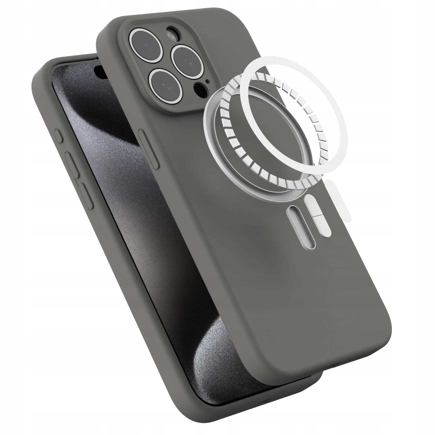 Szare silikonowe etui magnetyczne z funkcją MagSafe, przeznaczone do iPhone 15 Pro Max. Etui posiada wycięcia na aparat i przyciski boczne.