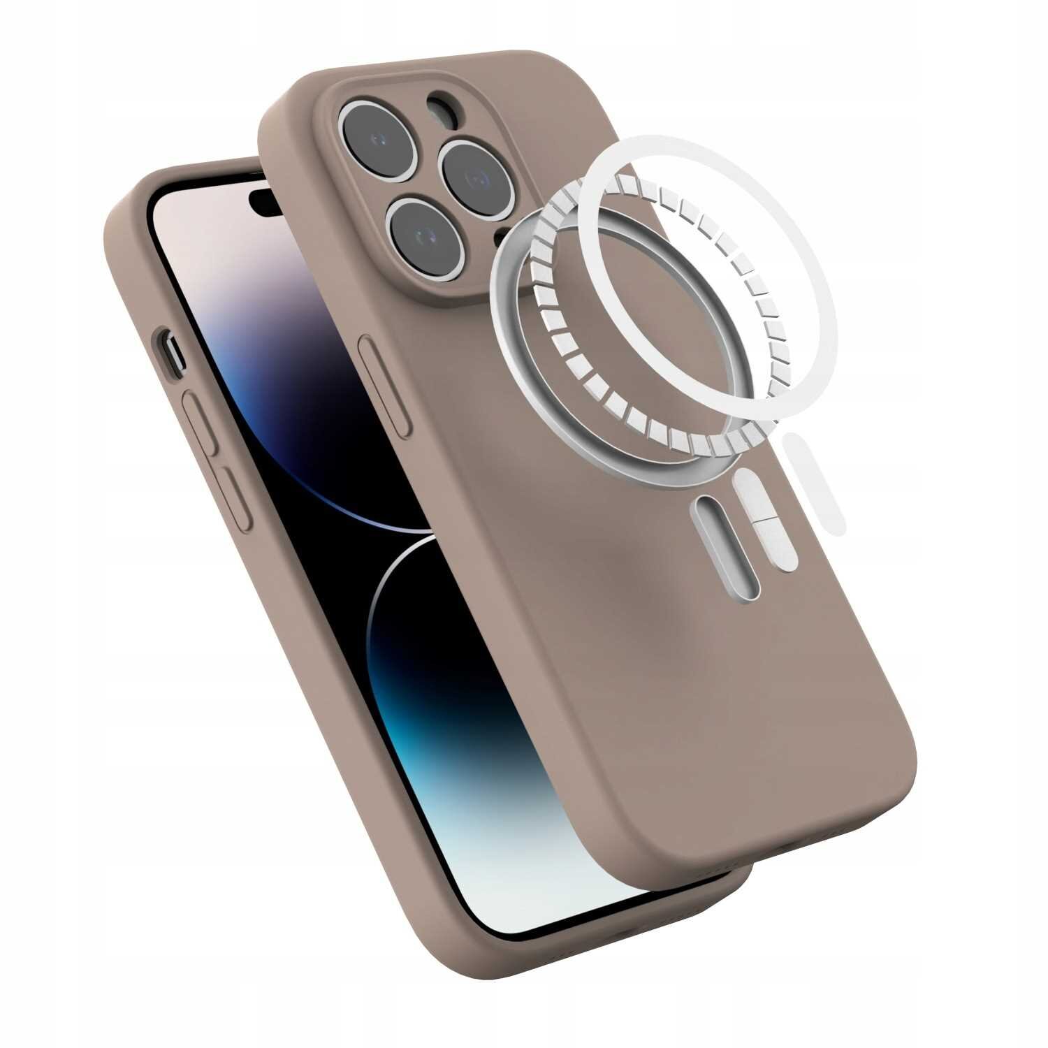 Brązowe silikonowe etui magnetyczne z MagSafe do iPhone 14 Pro, z widocznymi wycięciami na aparat i przyciski. Na etui znajduje się okrągły symbol wskazujący na funkcję MagSafe.