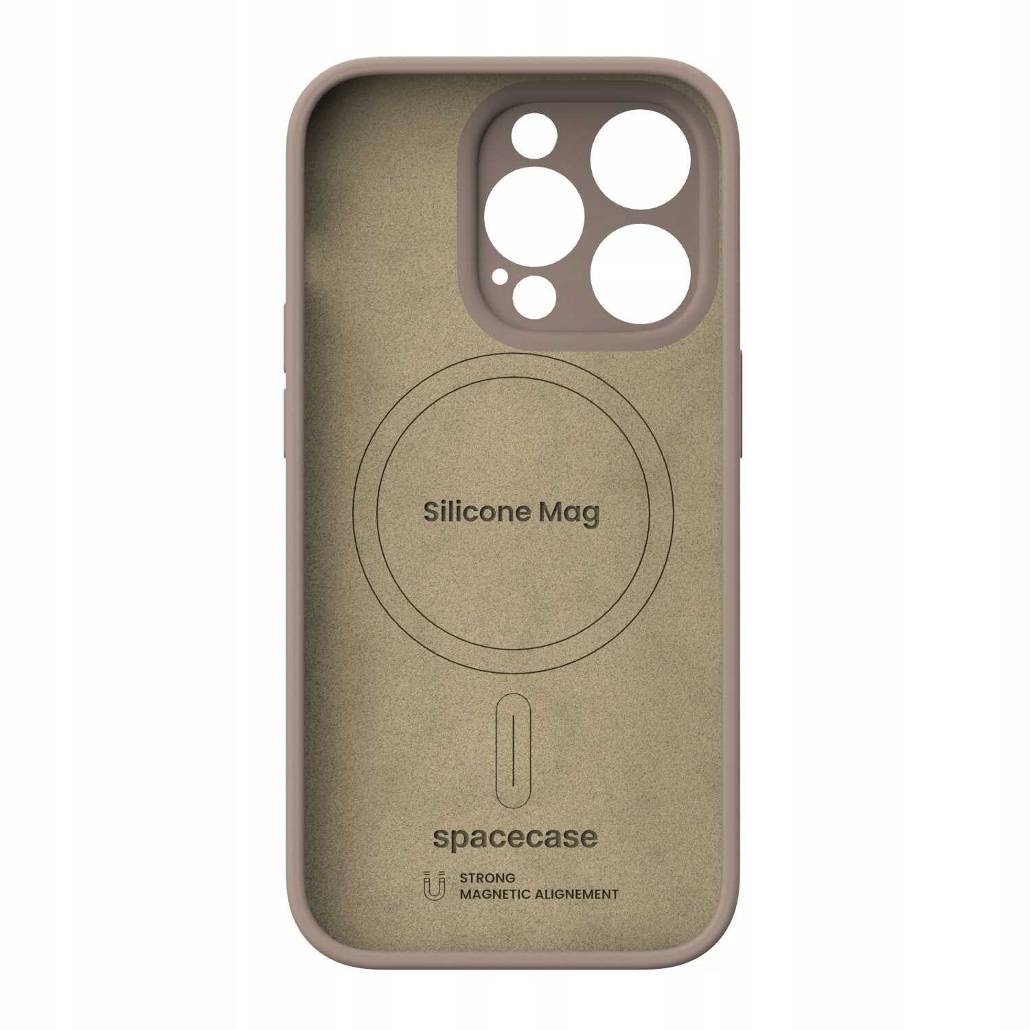 Brązowe silikonowe etui z wycięciami na aparat i tekstem \'Silicone Mag\' oraz \'spacecase\' na wewnętrznej stronie. Widoczne jest również logo i napis \'STRONG MAGNETIC ALIGNEMENT\'.
