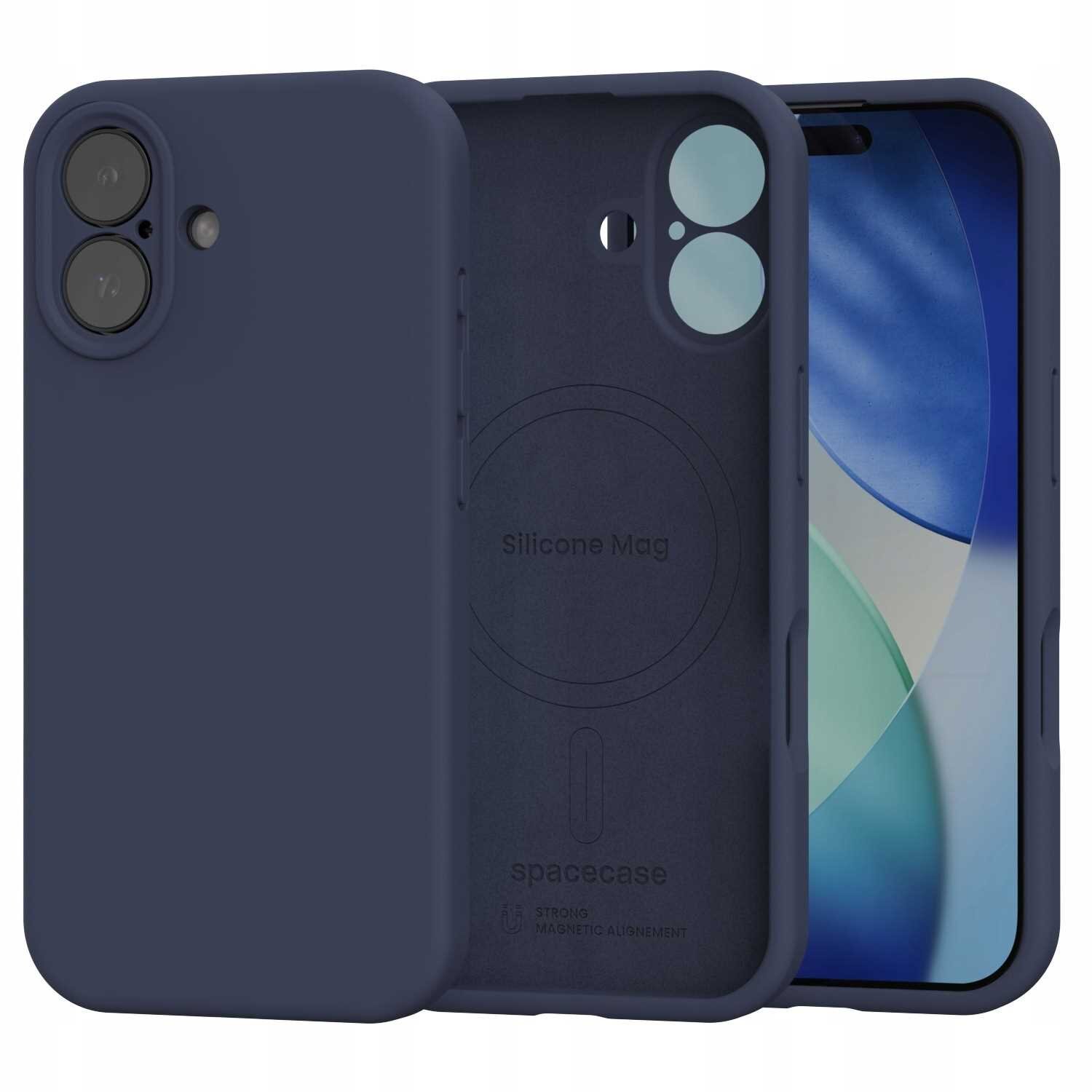 Silikonowe etui magnetyczne w kolorze niebieskim z widocznym napisem \'Silicone Mag\' oraz logo \'spacecase\'. Etui posiada wycięcia na aparat i przyciski.