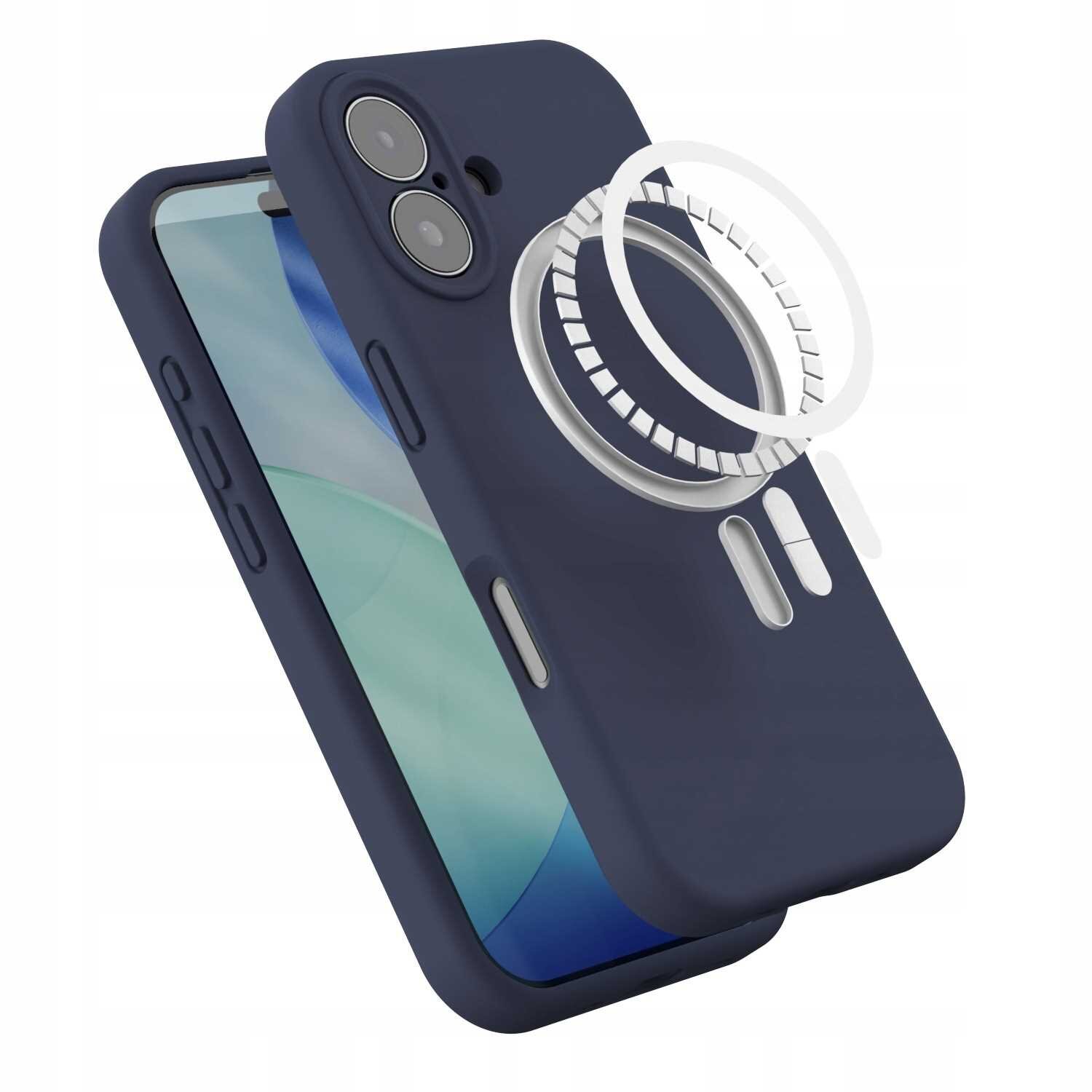 Niebieskie silikonowe etui magnetyczne z funkcją MagSafe, przeznaczone do iPhone\'a. Etui posiada wycięcia na aparat i przyciski boczne.