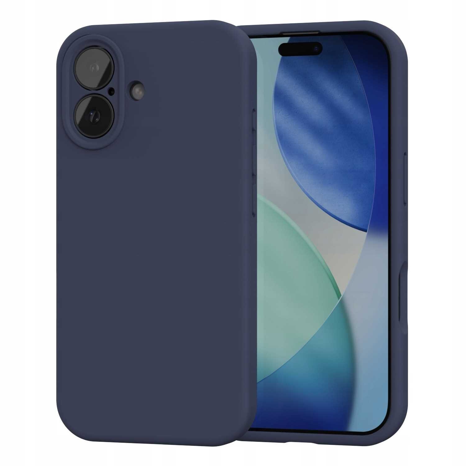 Niebieskie silikonowe etui magnetyczne na smartfon z widocznymi dwoma aparatami i przyciskiem bocznym. Na ekranie telefonu widoczny jest abstrakcyjny wzór w odcieniach niebieskiego i zielonego.