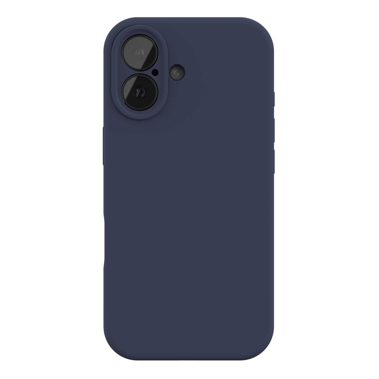 Niebieskie silikonowe etui na telefon z wycięciami na dwa obiektywy aparatu i lampę błyskową.