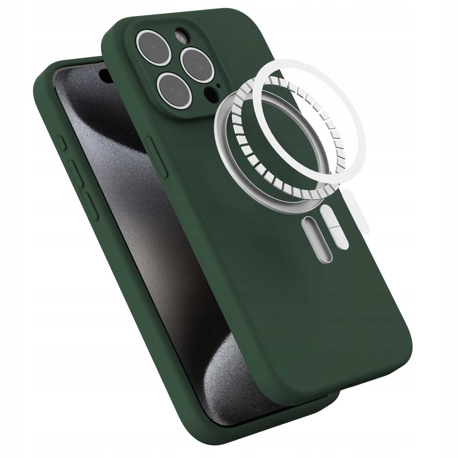 Zielone silikonowe etui magnetyczne z MagSafe do iPhone 15 Pro Max, z widocznymi wycięciami na aparat i przyciski. Obok etui znajduje się schematyczne przedstawienie pierścienia magnetycznego.
