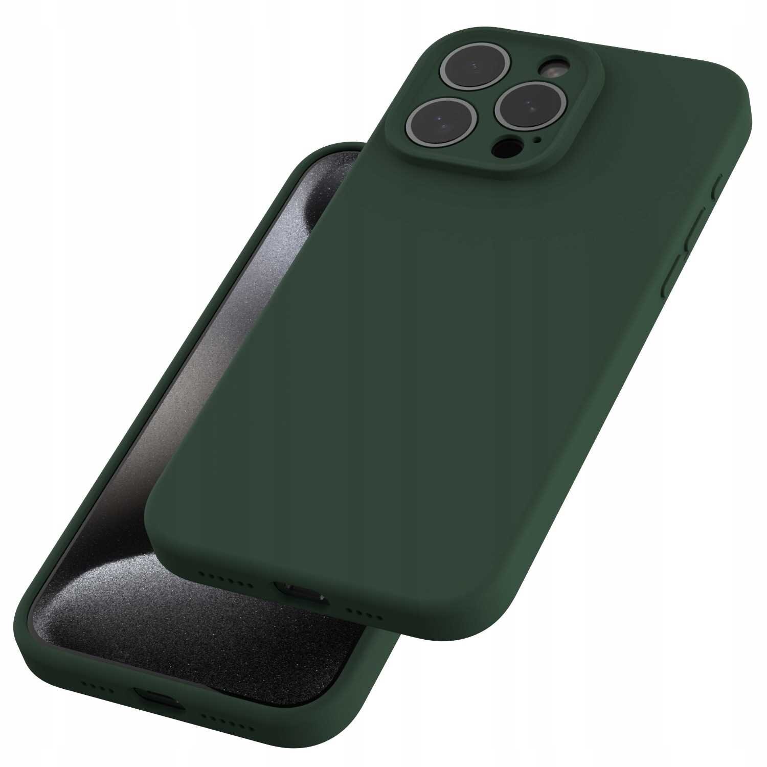 Zielone silikonowe etui magnetyczne z trzema otworami na aparat, przeznaczone do iPhone 15 Pro Max. Wnętrze etui jest ciemne i gładkie.