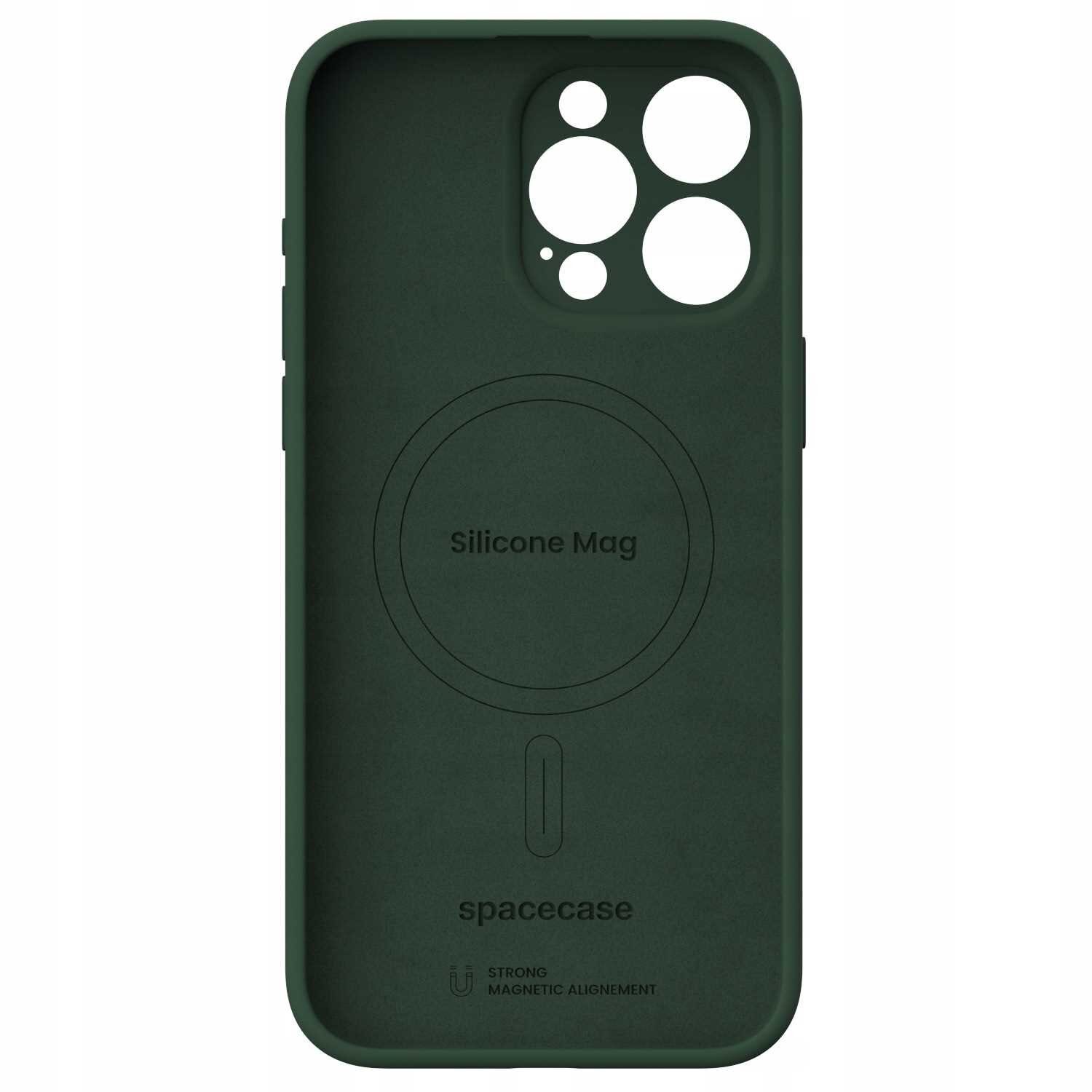 Zielone silikonowe etui z wycięciami na aparat i napisem \'Silicone Mag\'. Na dole widoczne jest logo \'spacecase\' oraz napis \'STRONG MAGNETIC ALIGNMENT\'.