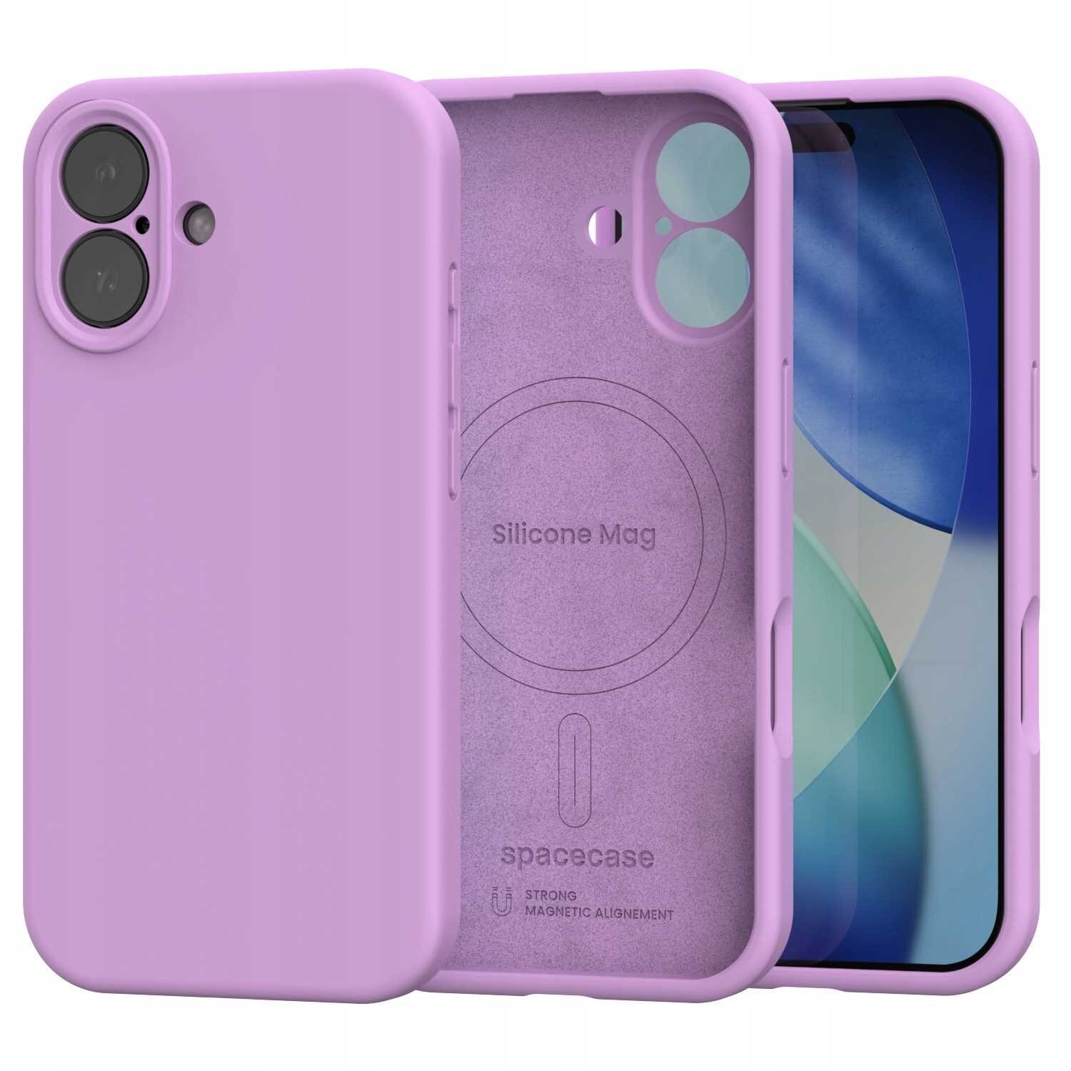 Różowe silikonowe etui magnetyczne z MagSafe do iPhone 17, z widocznymi napisami \'Silicone Mag\' i \'spacecase\'. Etui ma wycięcia na aparat i przyciski, a wewnętrzna strona zawiera okrągły wzór wskazujący na funkcję magnetyczną.