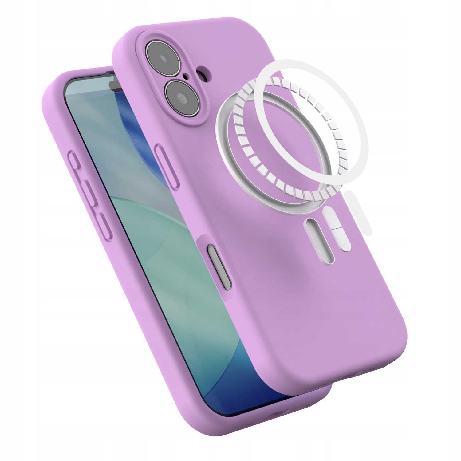 Różowe silikonowe etui magnetyczne z MagSafe do iPhone\'a z widocznymi wycięciami na aparat i przyciski. Na etui znajduje się okrągły wzór sugerujący funkcję MagSafe.