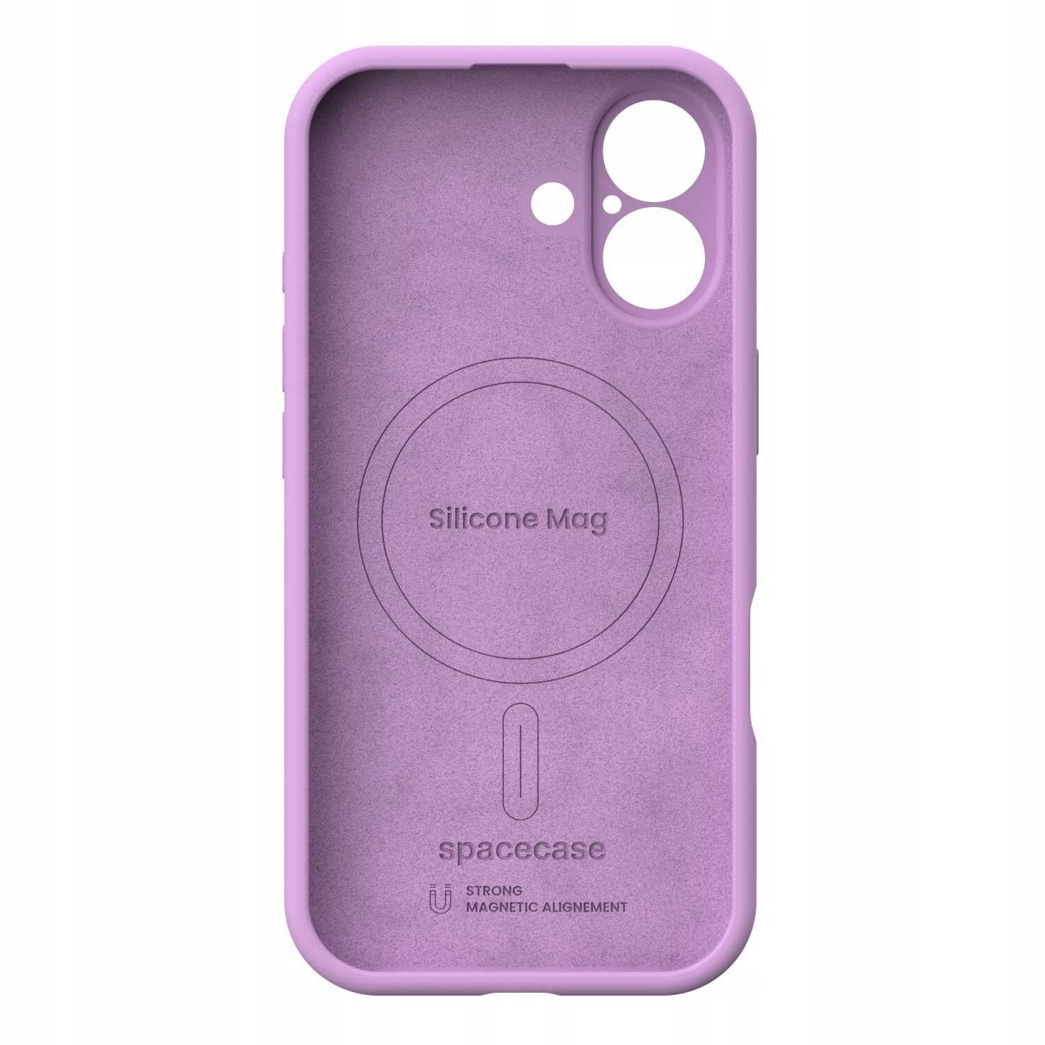 Różowe silikonowe etui z okrągłym wzorem i otworami na aparat. Widoczny tekst: \'Silicone Mag\', \'spacecase\', \'STRONG MAGNETIC ALIGNEMENT\'.