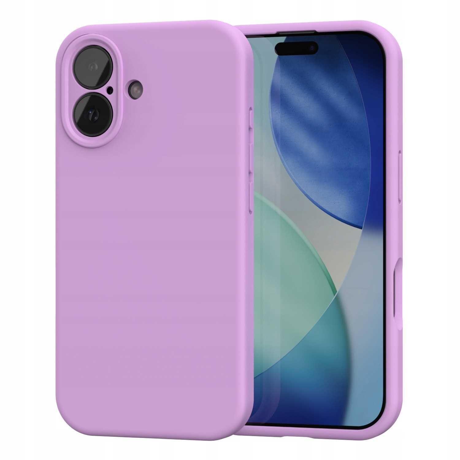Różowe silikonowe etui na telefon z dwoma otworami na aparat i przyciskiem bocznym. Na ekranie telefonu widoczny jest abstrakcyjny wzór w odcieniach niebieskiego i zielonego.