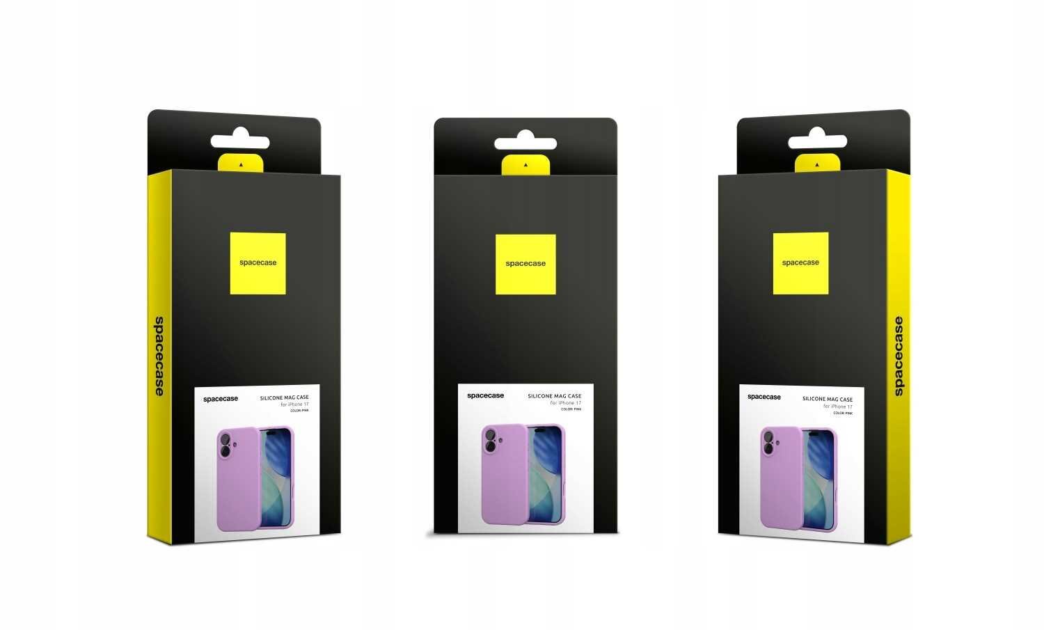 Trzy opakowania produktu SPACECASE z silikonowym etui magnetycznym do iPhone 17 w kolorze różowym. Na opakowaniach widoczne jest logo \'spacecase\' oraz zdjęcie etui na telefon.