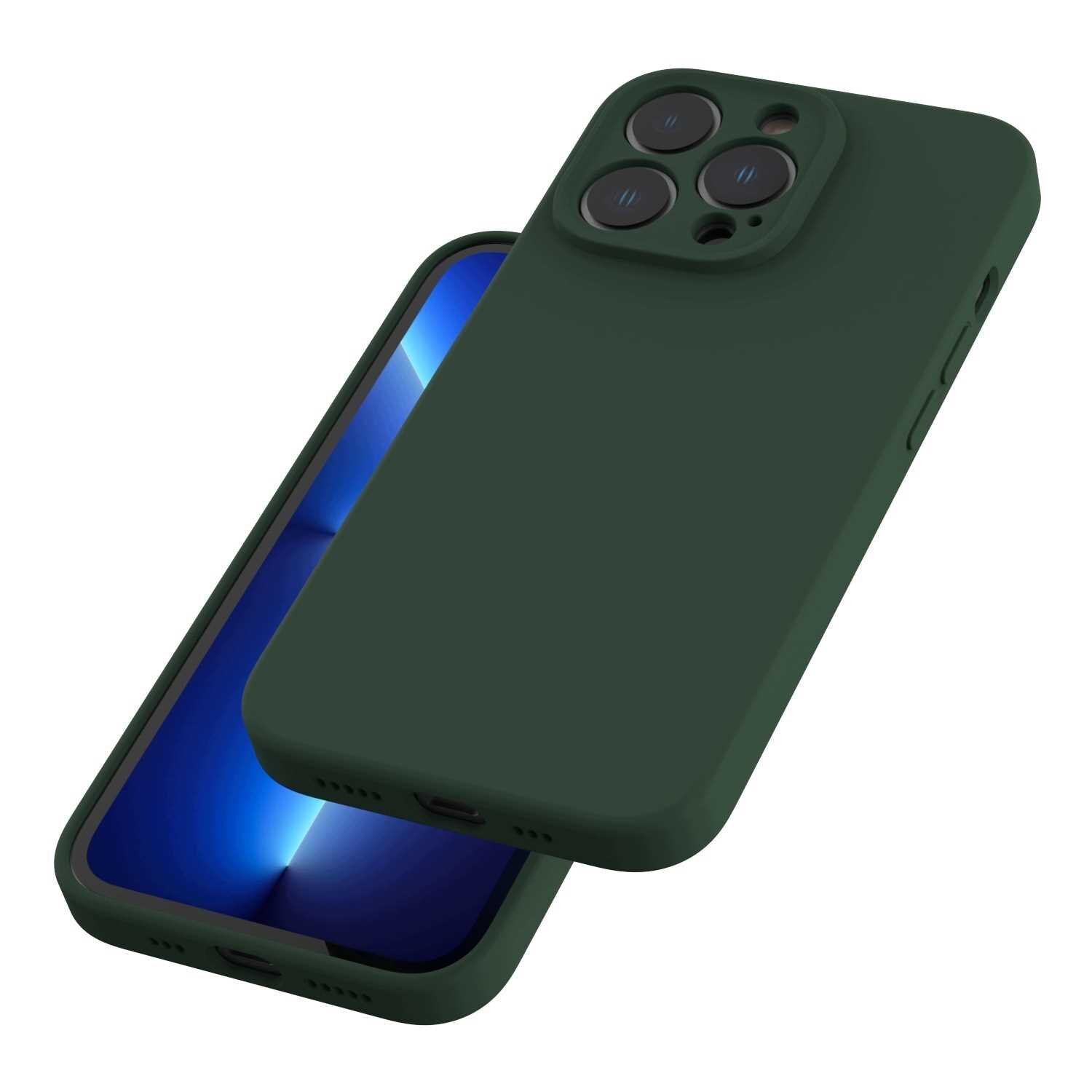 Zielone silikonowe etui magnetyczne z trzema otworami na aparat, przeznaczone do iPhone 13 Pro. Wnętrze etui jest ciemne z niebieskim gradientem.