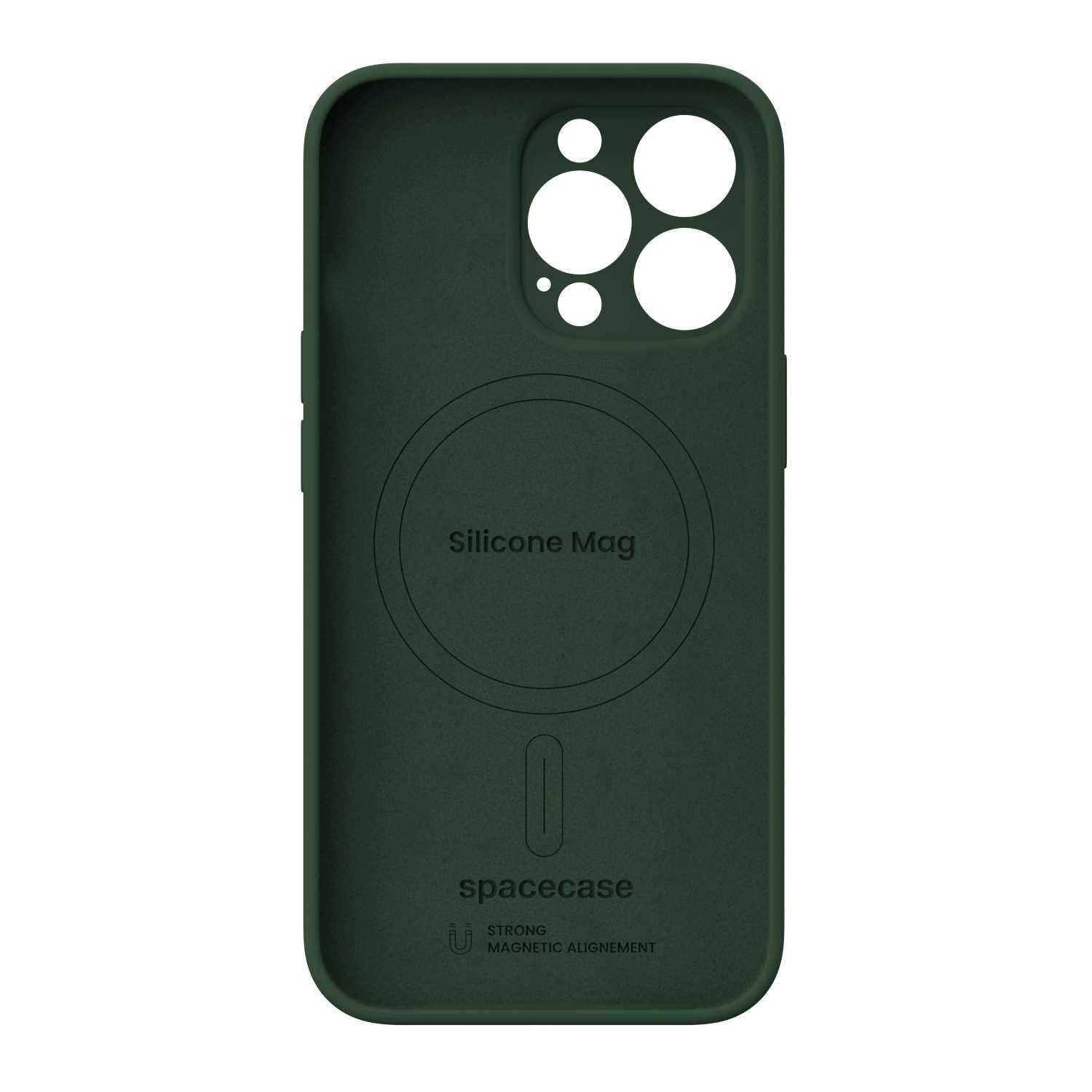 Zielone silikonowe etui z wycięciami na aparat i napisem \'Silicone Mag\' oraz \'spacecase\'. Widoczne są również symbole wskazujące na silne wyrównanie magnetyczne.