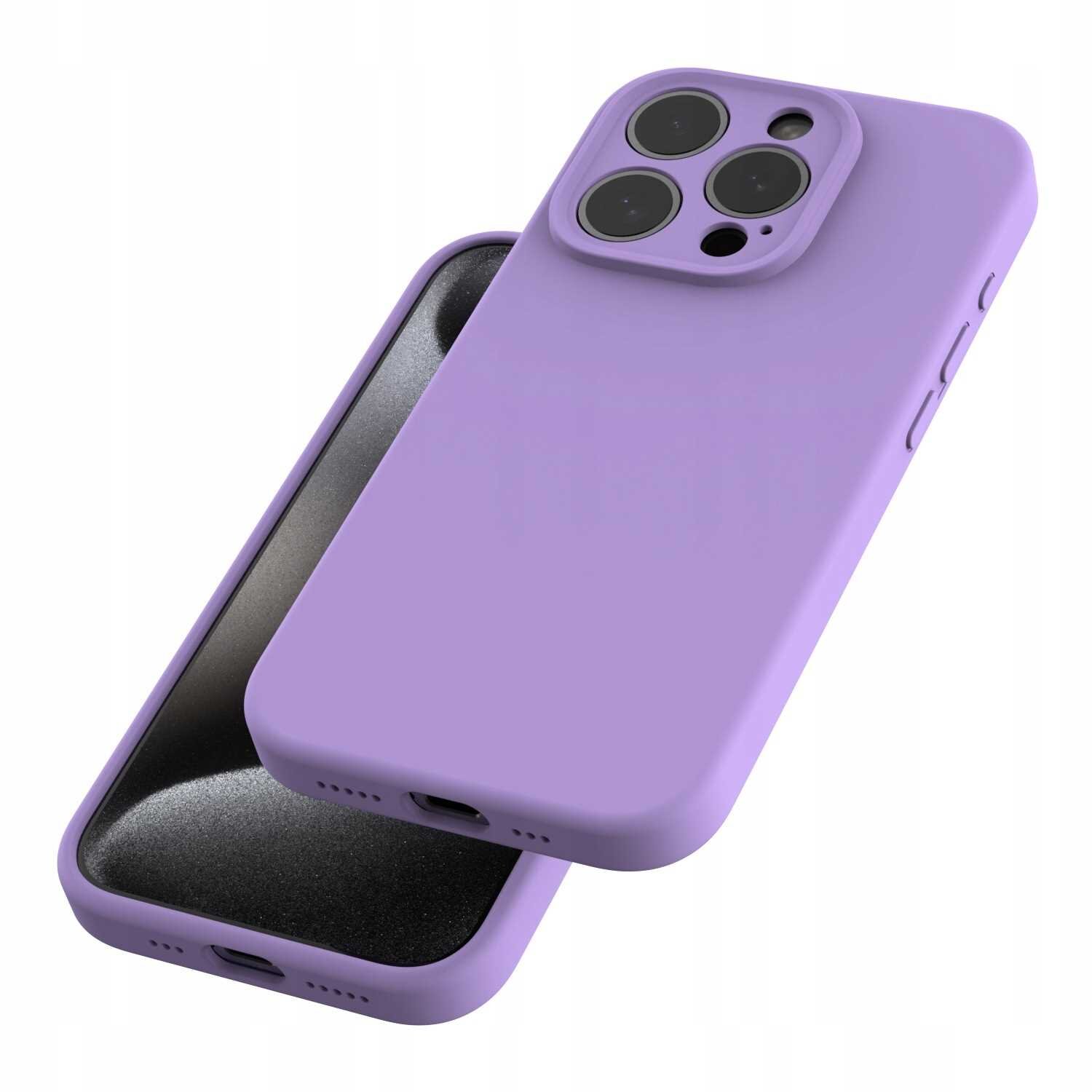 Fioletowe silikonowe etui magnetyczne z trzema otworami na aparat, przeznaczone do iPhone 15 Pro. Wnętrze etui jest czarne i gładkie.