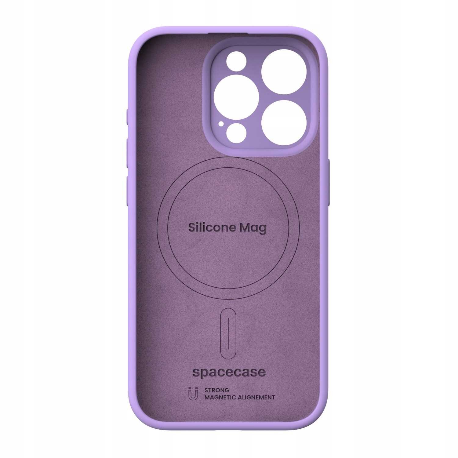 Fioletowe silikonowe etui z okrągłym wycięciem na aparat i napisem \'Silicone Mag\' oraz \'spacecase\'. Widoczne jest również logo \'STRONG MAGNETIC ALIGNEMENT\'.
