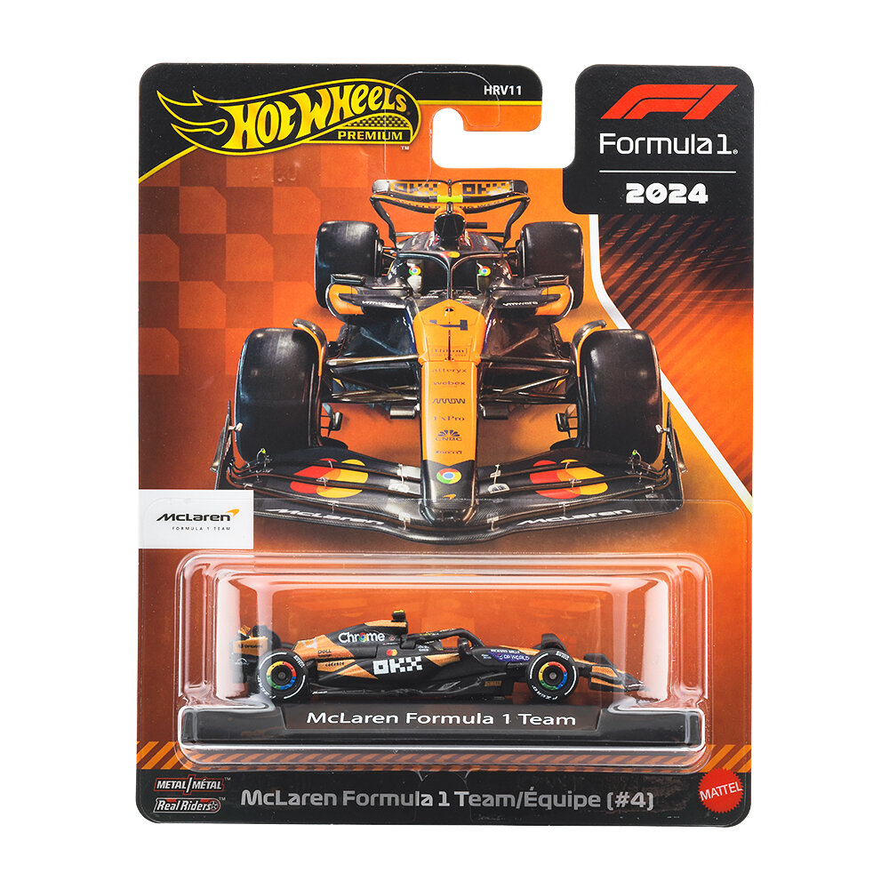 Opakowanie modelu samochodu wyścigowego Hot Wheels z logo McLaren i F1, z widocznym modelem McLaren Formula 1 Team w skali 1:64. Na opakowaniu znajduje się napis \'McLaren Formula 1 Team/Équipe (#4)\'.