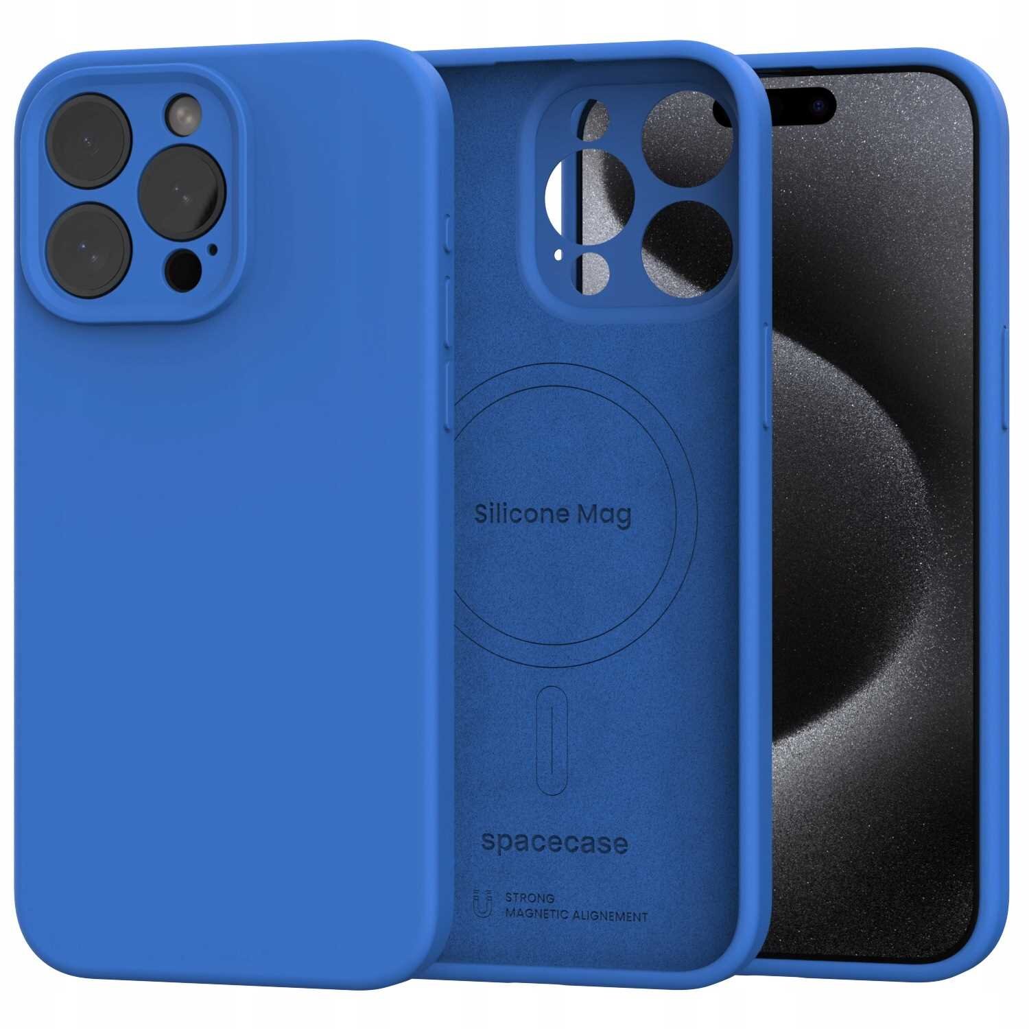 Na obrazie widoczne jest niebieskie silikonowe etui z trzema otworami na aparaty oraz napisem \'Silicone Mag\' i \'spacecase\' wewnątrz. Etui posiada również oznaczenie \'STRONG MAGNETIC ALIGNMENT\'.