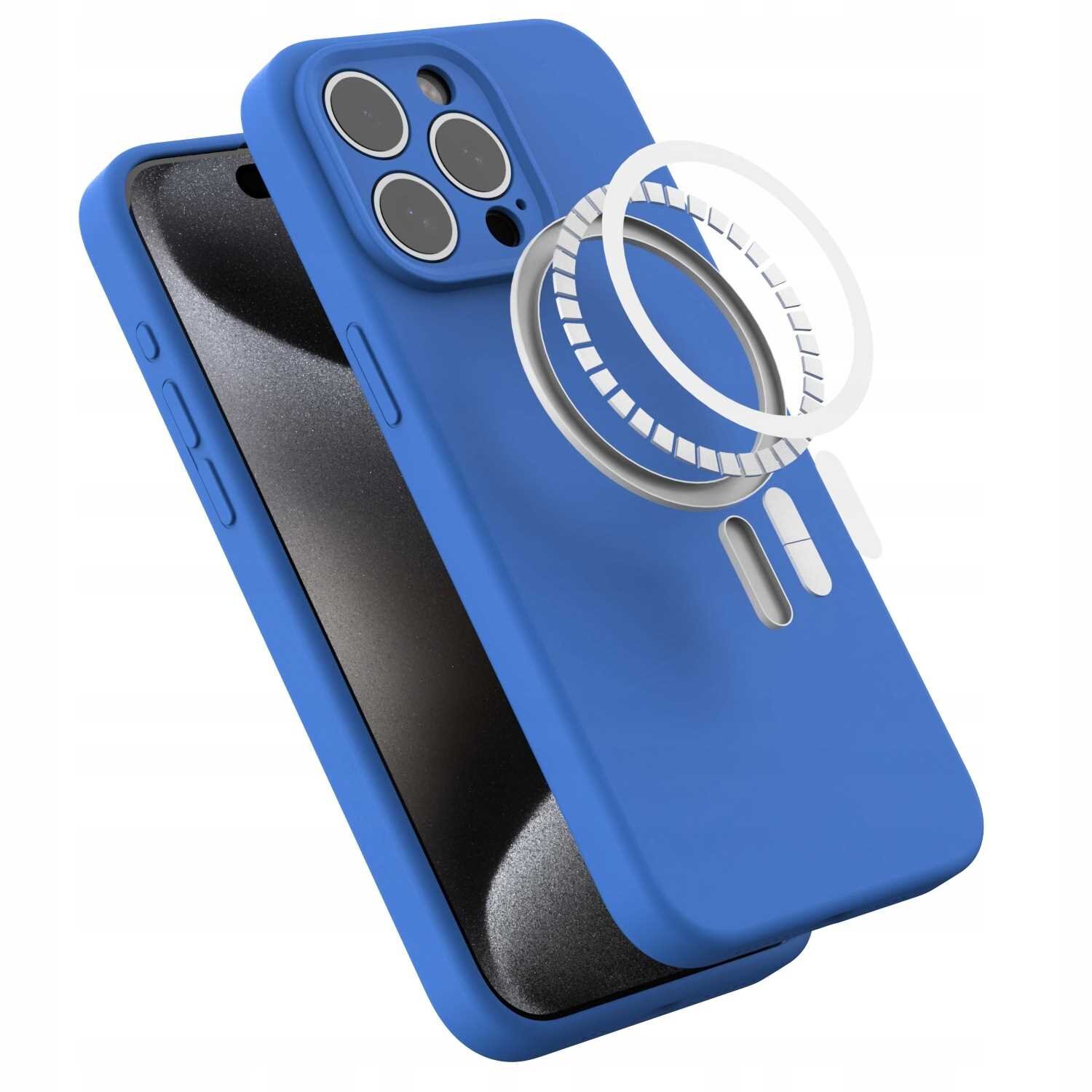 Niebieskie silikonowe etui z funkcją MagSafe, przeznaczone do iPhone 15 Pro Max, z widocznymi wycięciami na aparat i przyciski. Obok etui znajduje się ilustracja przedstawiająca magnetyczny pierścień MagSafe.