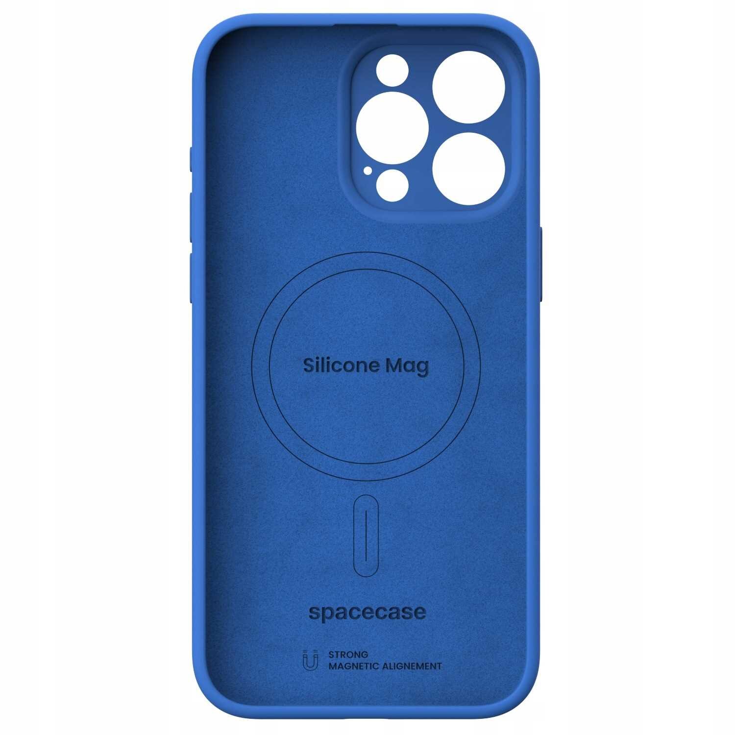 Niebieskie silikonowe etui z wycięciami na aparat i napisem \'Silicone Mag\' oraz \'spacecase\'.