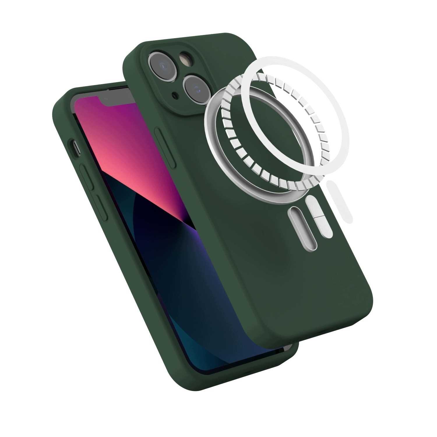 Zielone silikonowe etui na telefon z widocznym systemem magnetycznym MagSafe. Etui jest dopasowane do modelu telefonu z dwoma aparatami i wyświetlaczem z gradientowym tłem.