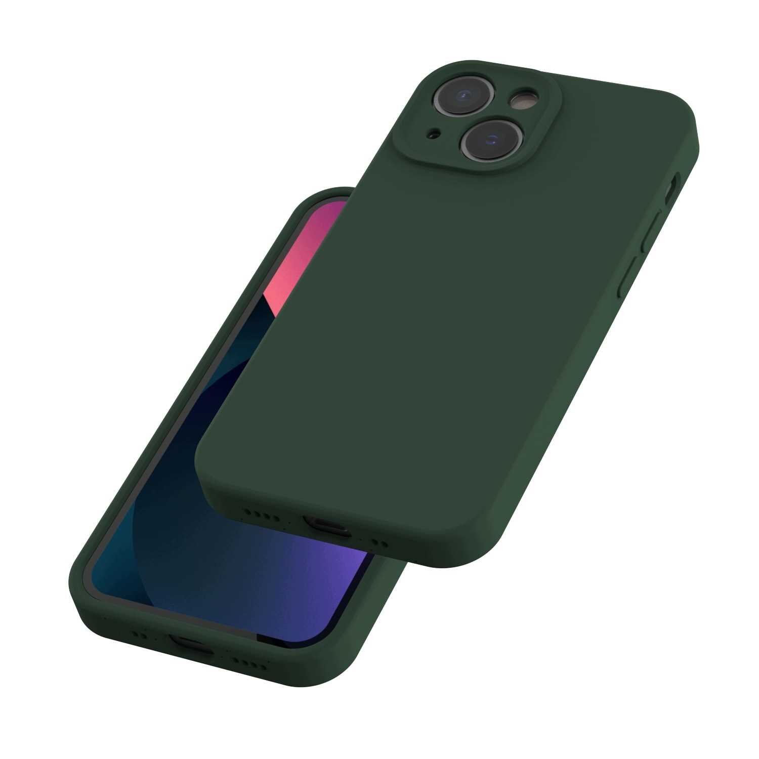 Zielone silikonowe etui magnetyczne na telefon z widocznymi wycięciami na aparat i przyciski. Telefon w etui jest częściowo widoczny z przodu i z tyłu.