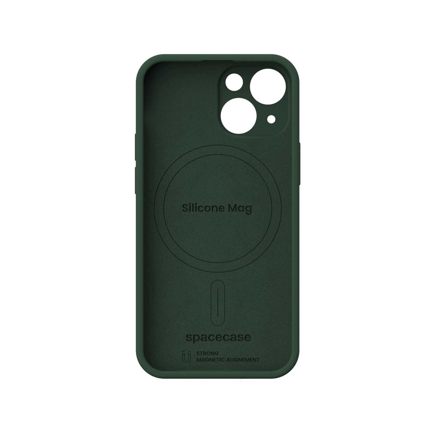 Zielone silikonowe etui z okrągłym wycięciem na aparat i napisem \'Silicone Mag\' oraz \'spacecase\' na środku. Widoczne są także napisy \'STRONG MAGNETIC ALIGNMENT\' i symbol magnesu.
