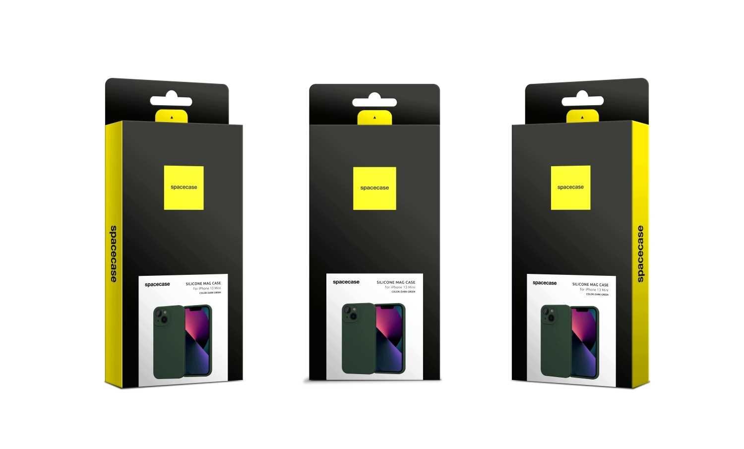 Trzy opakowania produktu SPACECASE z widocznym zdjęciem zielonego etui na telefon. Na opakowaniu znajduje się napis \'SILICONE MAG CASE\'.