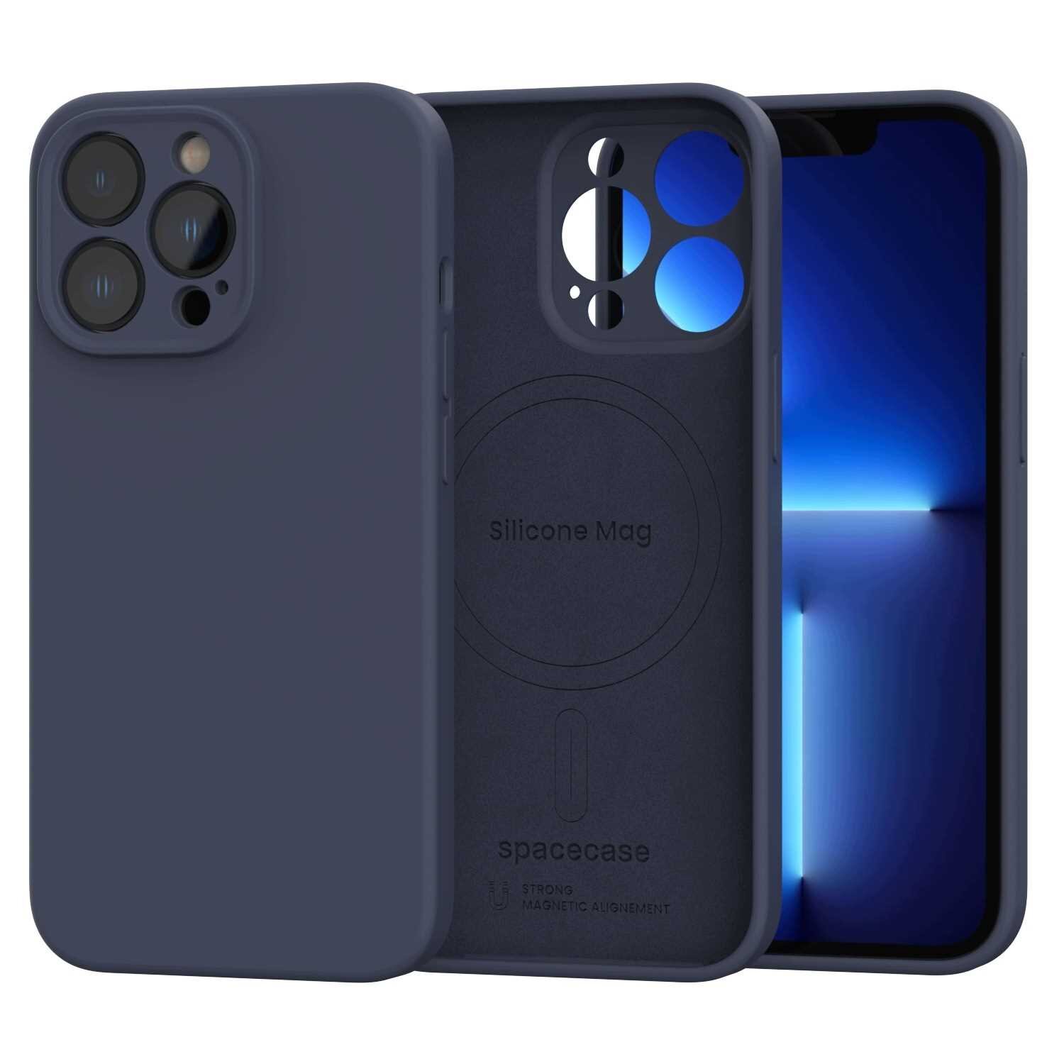 Silikonowe etui magnetyczne w kolorze niebieskim, przeznaczone do iPhone 13 Pro, z widocznym napisem \'Silicone Mag\' oraz logo \'spacecase\'.