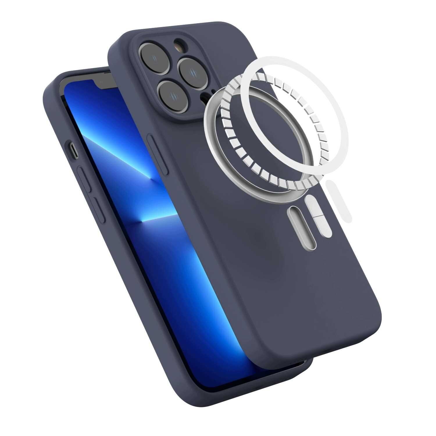Na obrazie widoczne jest niebieskie silikonowe etui na telefon z trzema wycięciami na aparaty oraz okrągłym wzorem wskazującym na funkcję magnetyczną. Obok etui znajduje się telefon z wyświetlaczem pokazującym niebieski gradient.