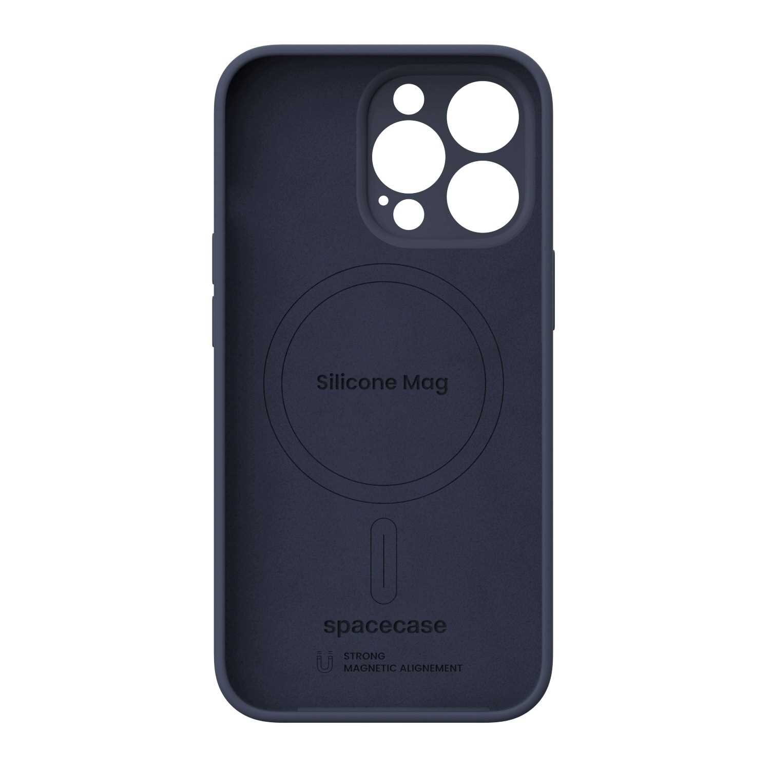 Niebieskie silikonowe etui z wycięciami na aparat i napisem \'Silicone Mag\' oraz \'spacecase\'.