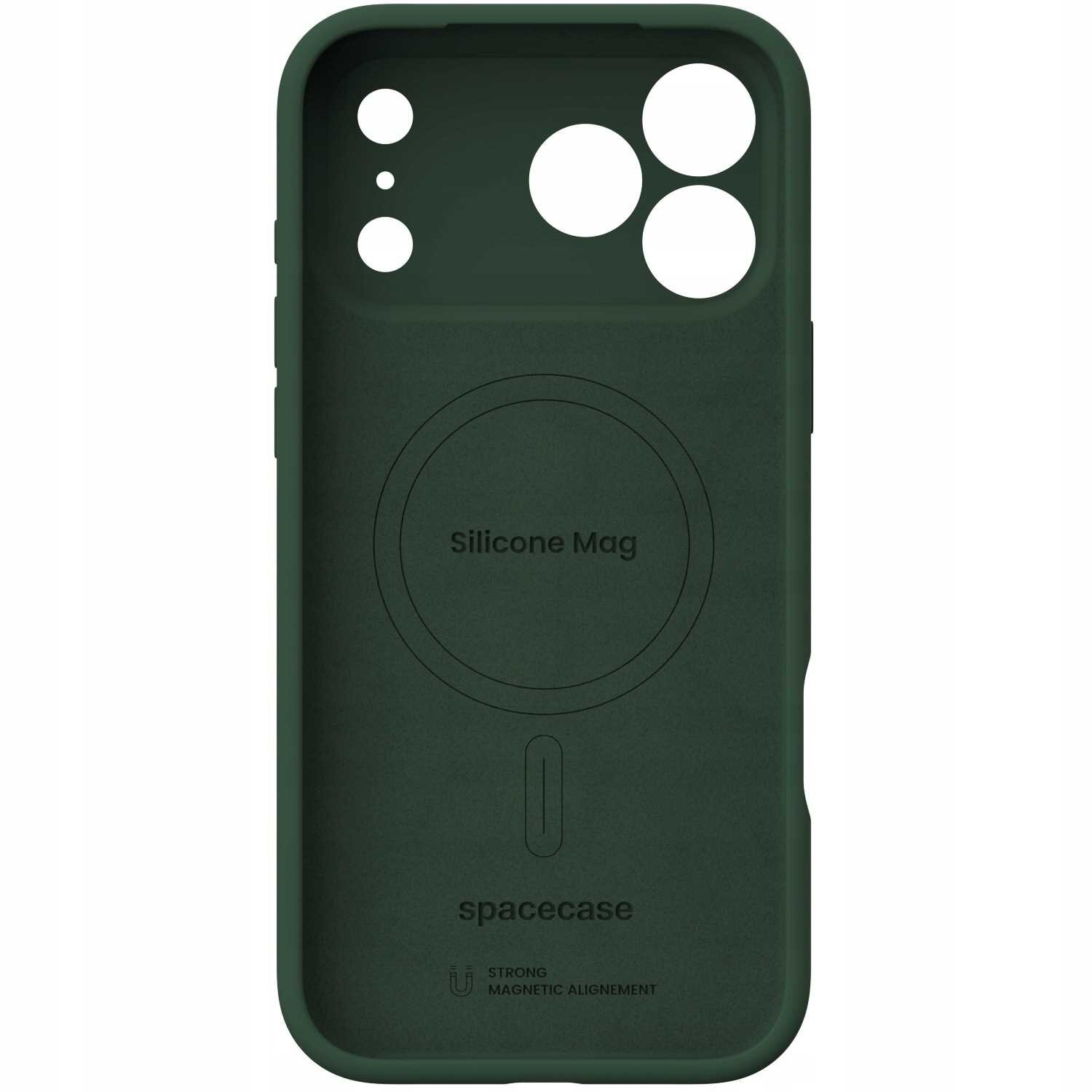 Zielone silikonowe etui z wycięciami na aparat i napisem \'Silicone Mag\' oraz \'spacecase\'. Widoczny jest symbol magnetycznego wyrównania i napis \'STRONG MAGNETIC ALIGNMENT\'.