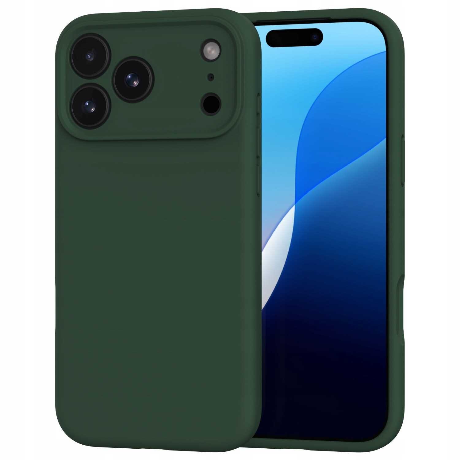 Zielone silikonowe etui na telefon z trzema otworami na aparaty i dodatkowymi otworami na inne funkcje. Obok etui widoczny jest telefon z wyświetlaczem pokazującym niebiesko-białą grafikę.