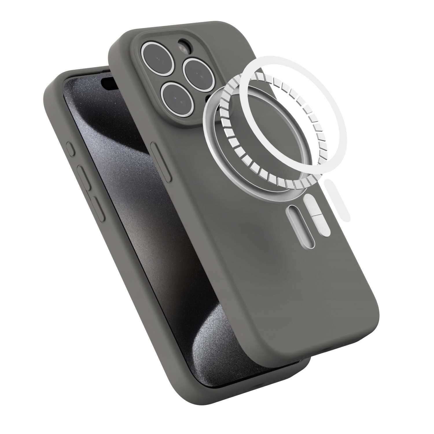 Szare silikonowe etui z widocznymi wycięciami na aparat i przyciski, z dodatkowym elementem magnetycznym MagSafe. Etui jest przeznaczone do iPhone 15 Pro.