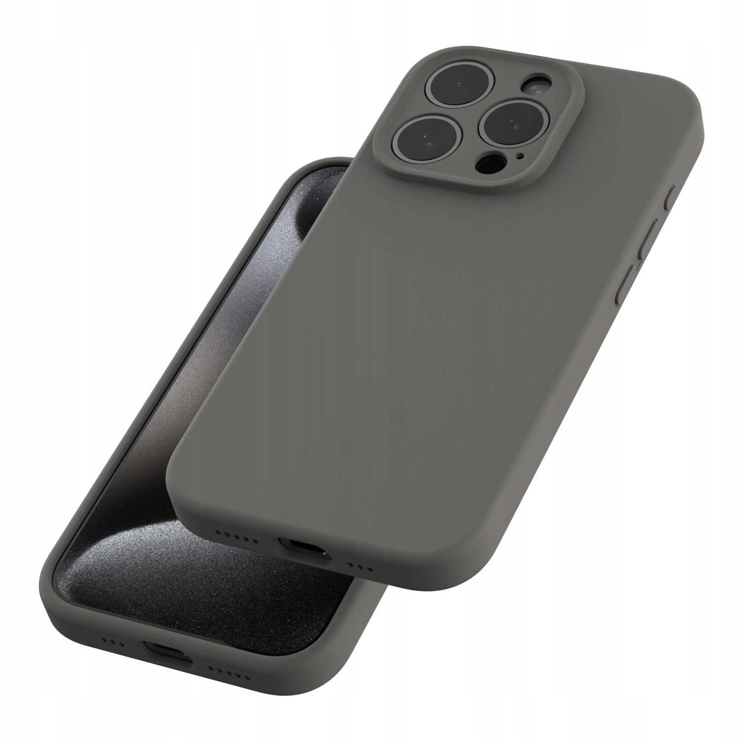 Silikonowe etui magnetyczne w kolorze szarym, przeznaczone do iPhone 15 Pro, z widocznymi otworami na aparat i przyciski boczne.